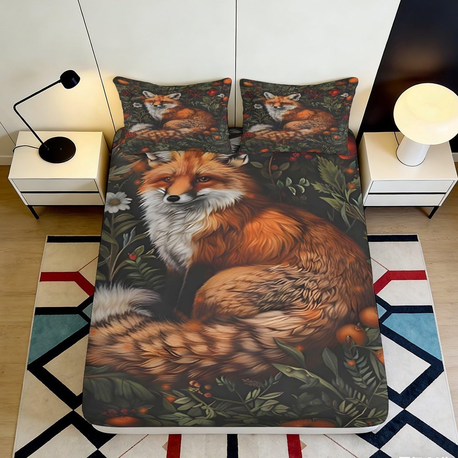 3D Printed Fox Forest Fitted Sheet Microfiber Soft Anti-Slip Fox Woodland Bed Cover for Bedroom Guest Room Decor 120x200x25cm