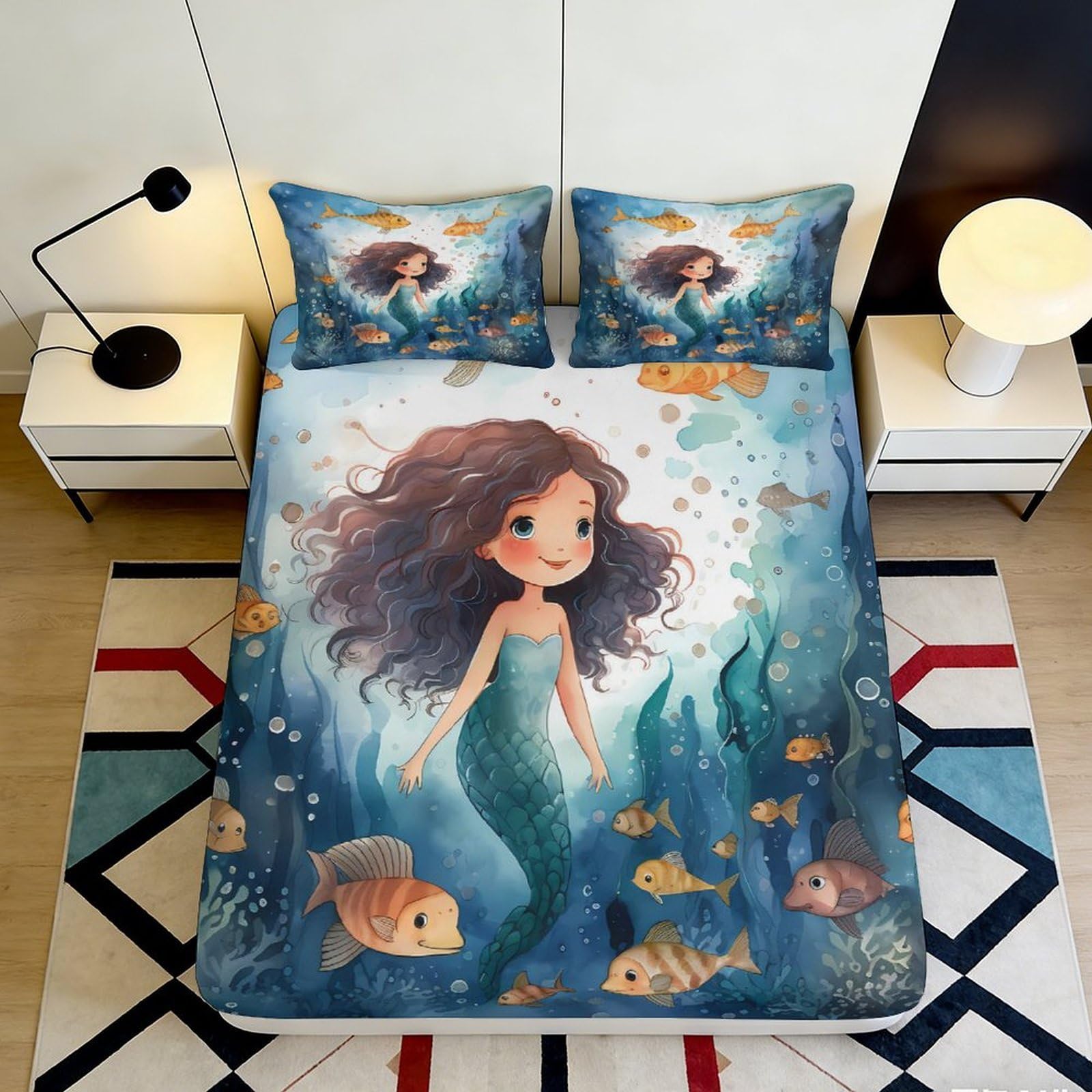 3D Printed Mermaid Fitted Sheet Microfiber Soft Breathable Underwater Scene Bed Cover for Bedroom Dormitory Guest Room Mattress Protection Decor 160x200x25cm