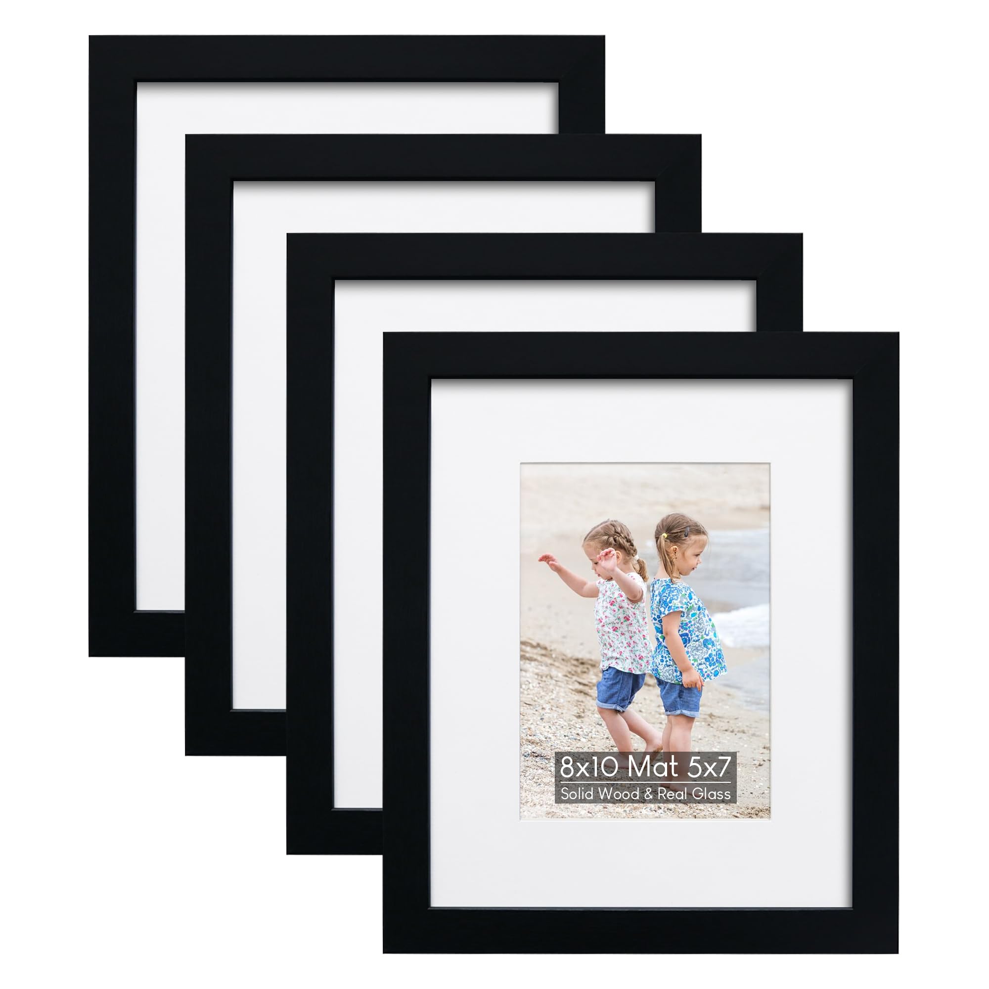 8x10 Wooden Picture Frame Set of 4 (with 5x7 Mat), Solid Wood with Real HD Glass, for Tabletop or Wall Mount, Home Office Photo Frames Collage Wall Décor, Black