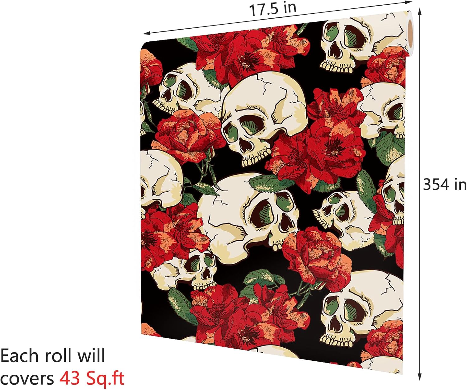 Decotalk 17.5x354 Inch Dark Floral Wallpaper Peel and Stick Gothic Skull Wallpaper Peel and Stick Dark Red Rose Flower Wall Paper Vintage Skulls Contact Paper for Cabinets Red Floral Contact Papers