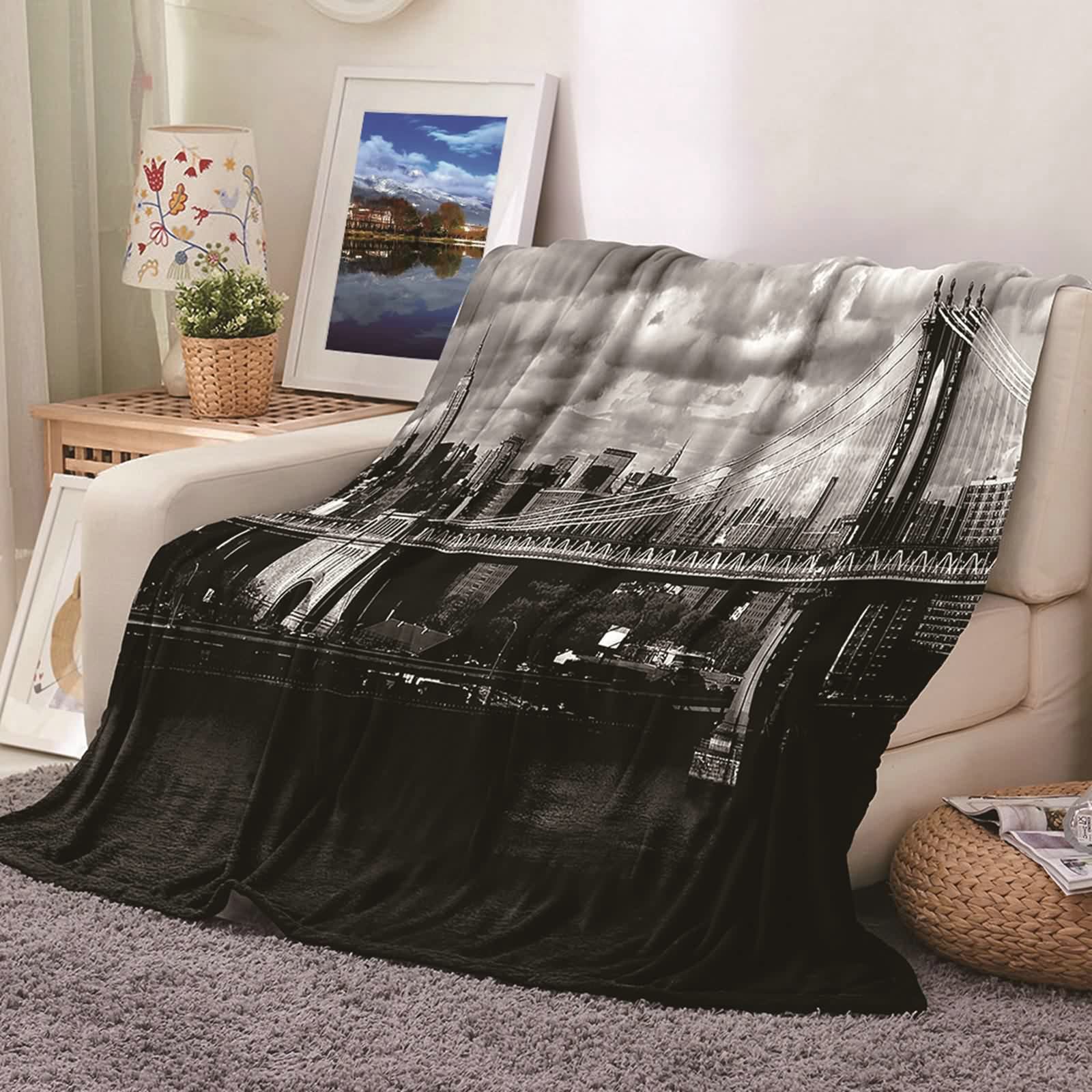 Aeici Koc polarowy, koc z nadrukiem 180 x 220 cm budynek miejski koc na sofę prezent dla dorosłych i dzieci