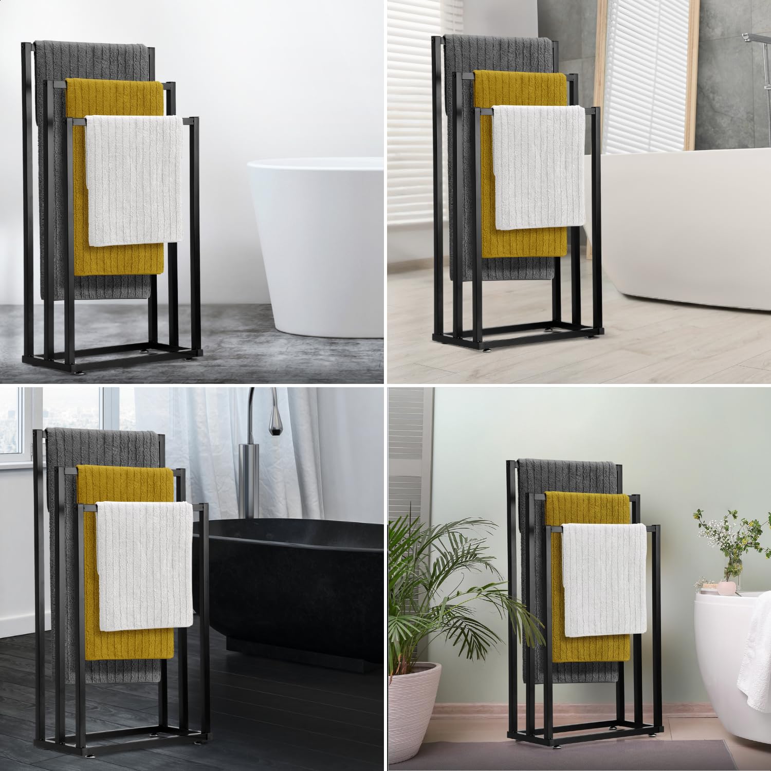 Toallero de Pie Negro – Soporte de Toallas Moderno para Baño – Estructura Estable sin Taladro