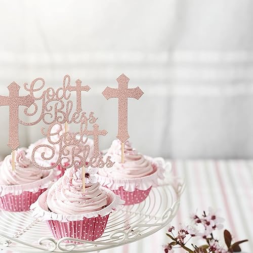 Miniatura 4 de Rsstarxi Paquete de 24 adornos para magdalenas con purpurina y cruz para primera comunión, bautismo cristiano, suministros de decoración de tartas,