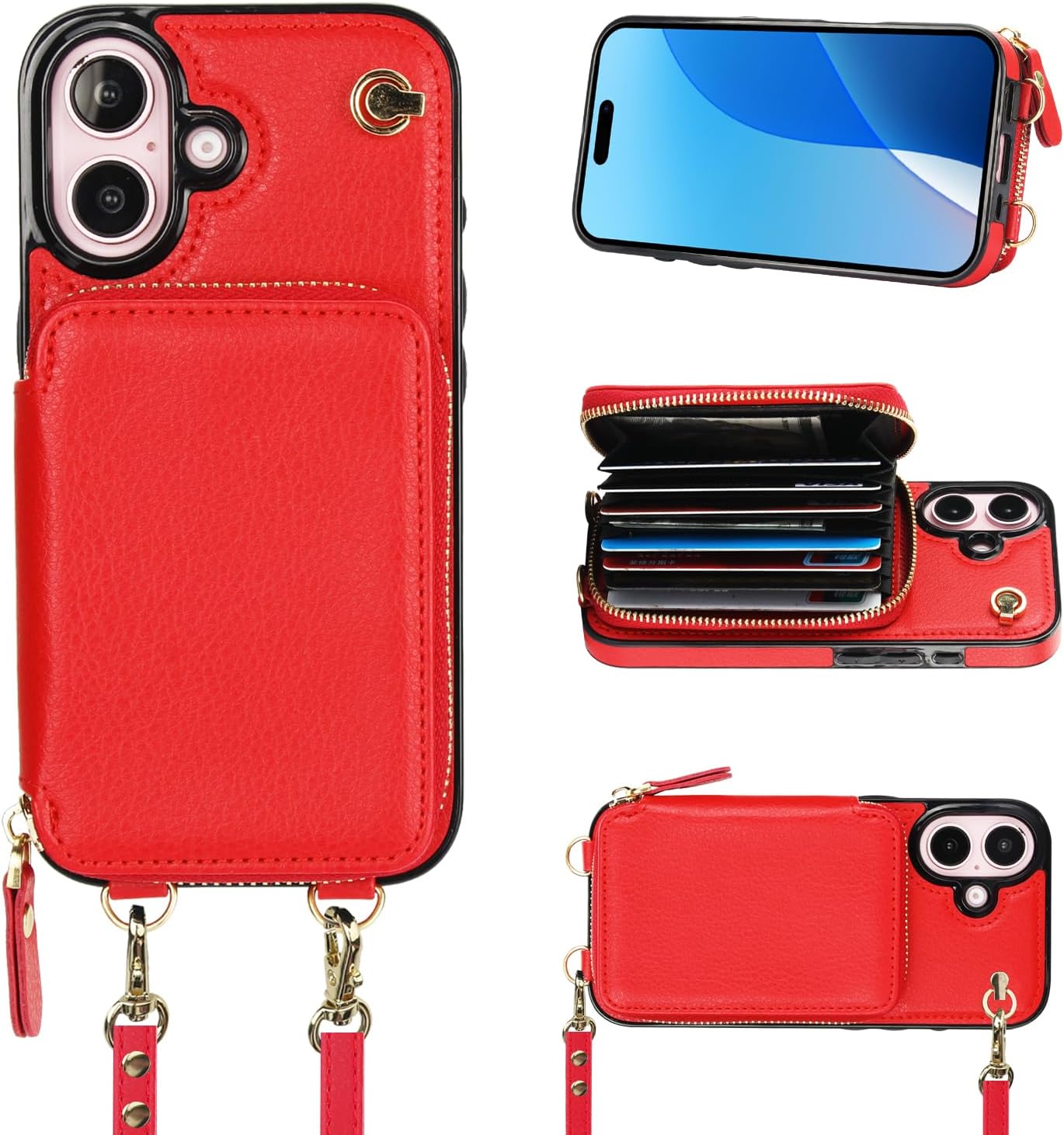 Bocasal Crossbody Wallet Case for iPhone 16, RFID Blocking Leather Purse Case with Card Holder, Protective Handbag Flip Cover with Zipper Wrist Strap Lanyard for Women 5G 6.1 Inch (Red)