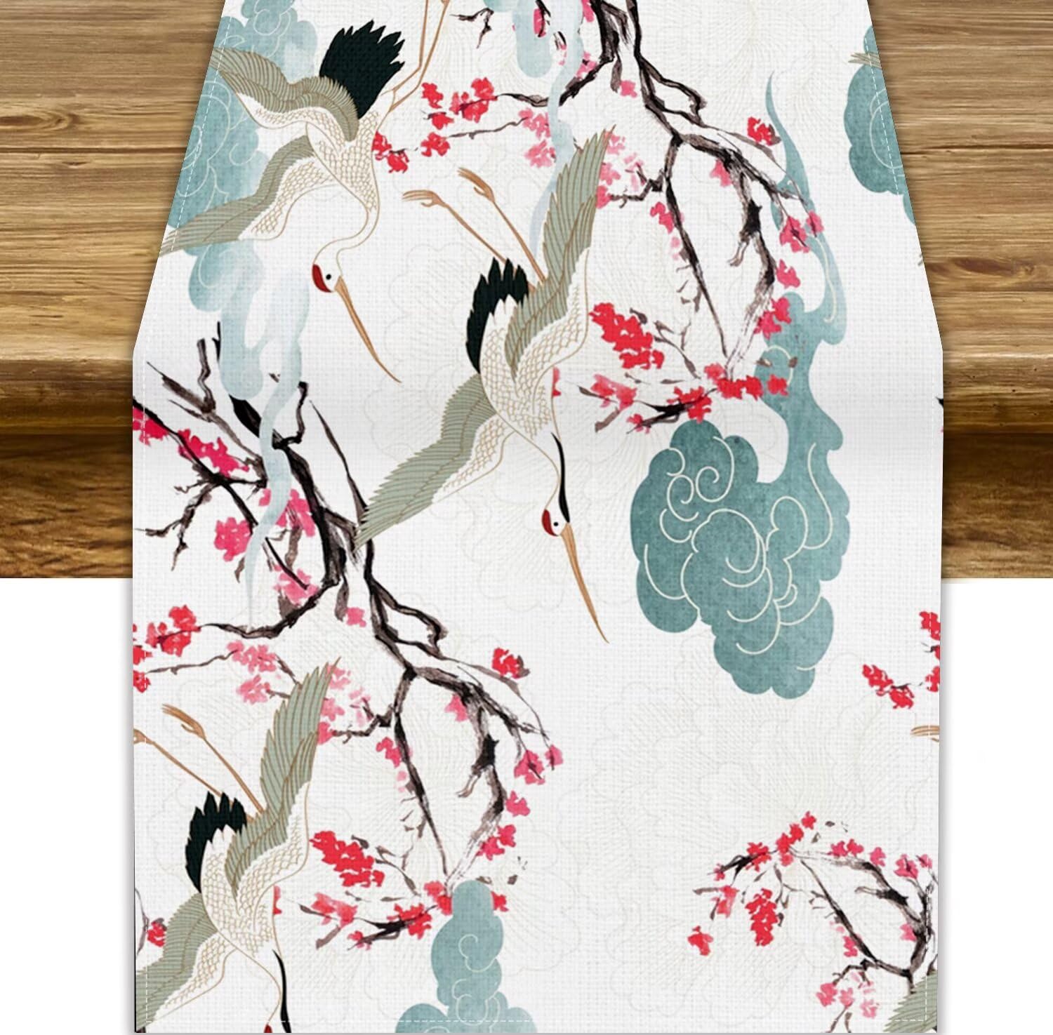 Japanese Table Runner, Traditional Cherry Blossom Vintage Clouds Chinese Crane Bird Flower Print Table Runner for Home Party Kitchen Dining Table Party Decor 13x70in