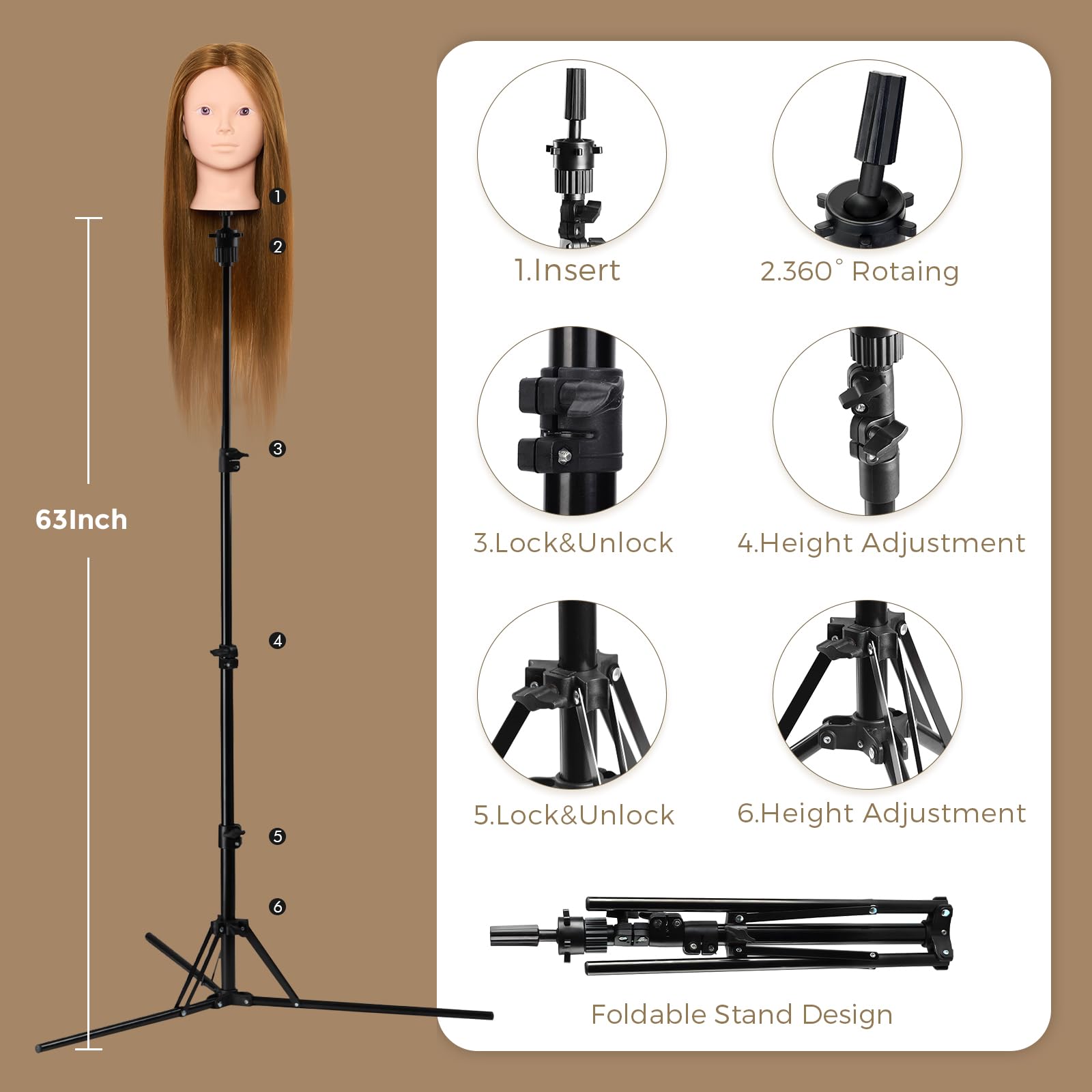 Neverland Frisierkopf Schminkkopf mit Puppenkopf Ständer, 60% Echtes Haar 28 Zoll Übungskopf zum Frisieren und Schminken, Trainingsköpfe für Haar-Styling mit Tischklemme+Haar-Styling-Set