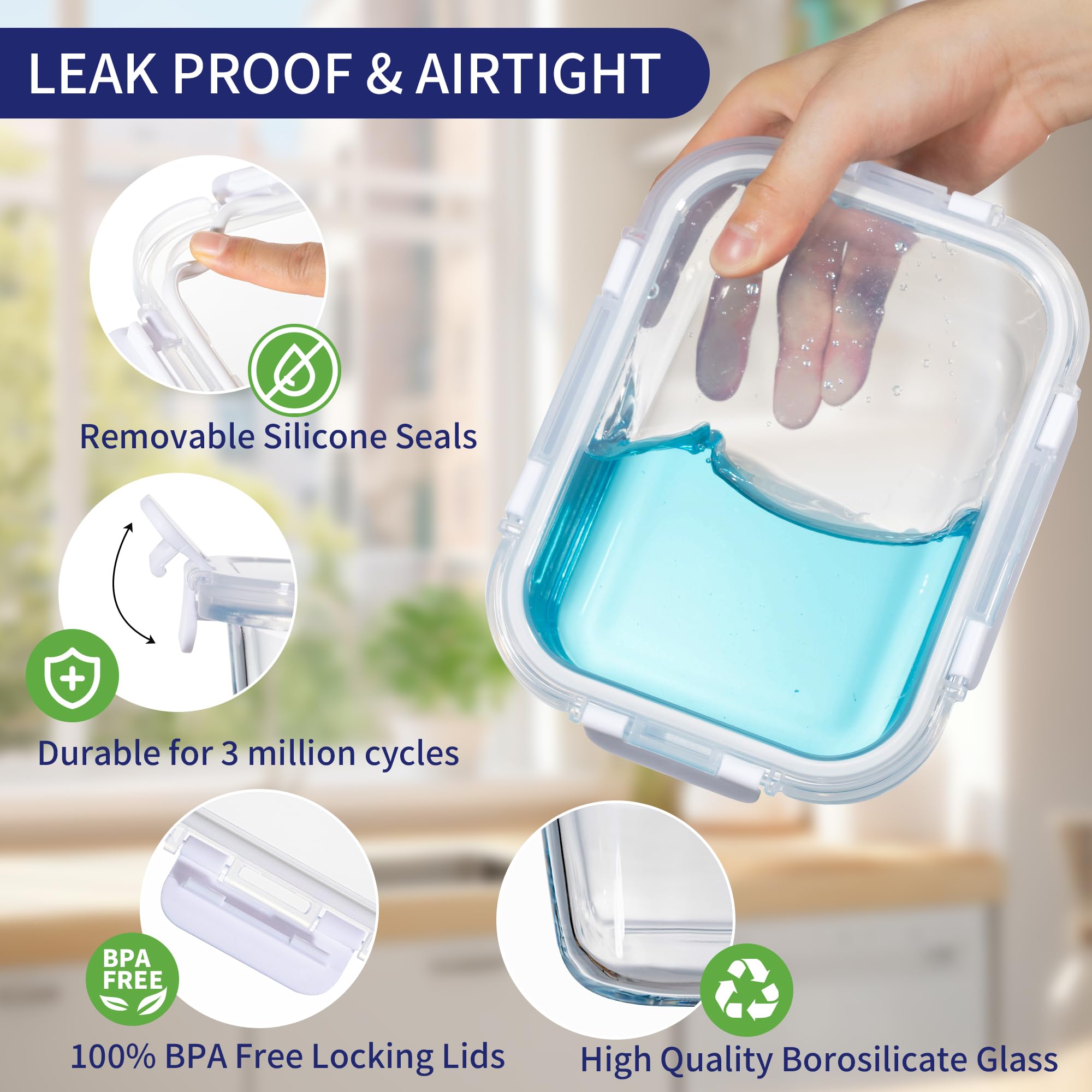 MFY Confezione da 10 contenitori in vetro con coperchio, contenitori per la preparazione dei pasti con coperchio ermetico, contenitori per il pranzo in vetro con coperchio, senza BPA, per microonde