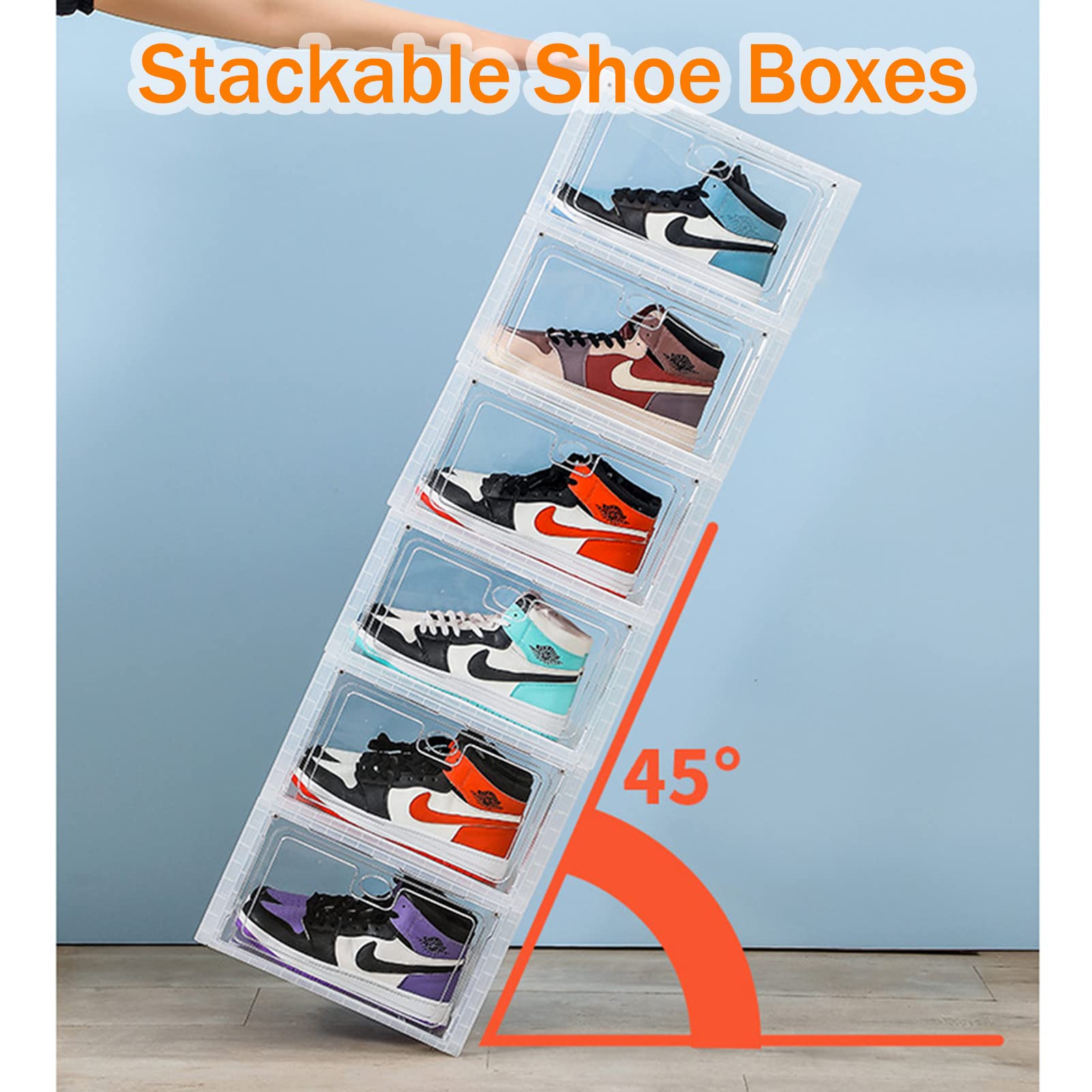 Cajas de zapatos Cajas de almacenamiento de zapatos, 4 cajas de almacenamiento de plástico transparente, apilables transparentes, organizadores de almacenamiento (37 x 28 x 22 cm, negro)