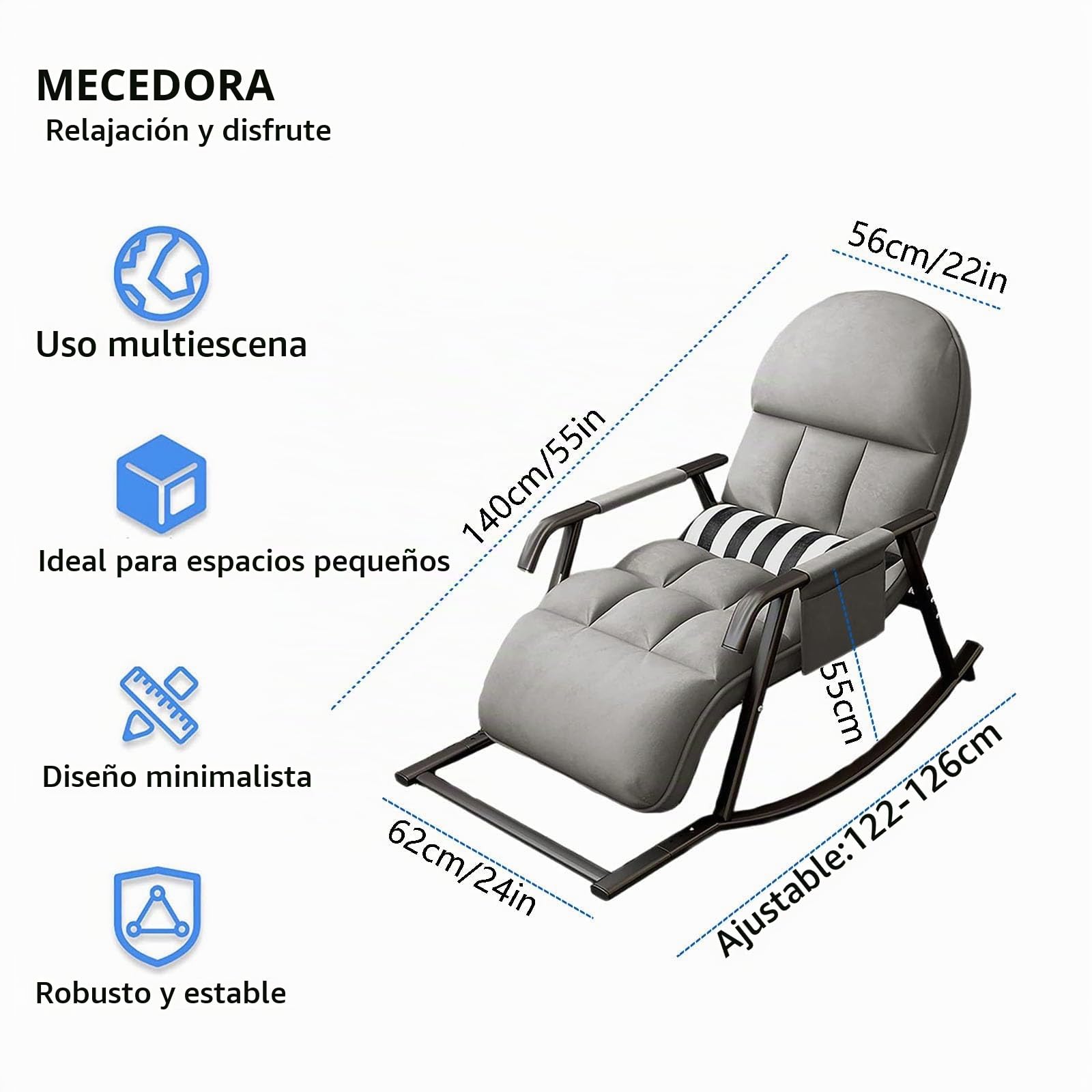Mecedora XXL, sillón de salón para exteriores, extragrande, con acolchado, ajustable en 5 posiciones, para salón, dormitorio, balcón, jardín, hasta 150 kg (gris)