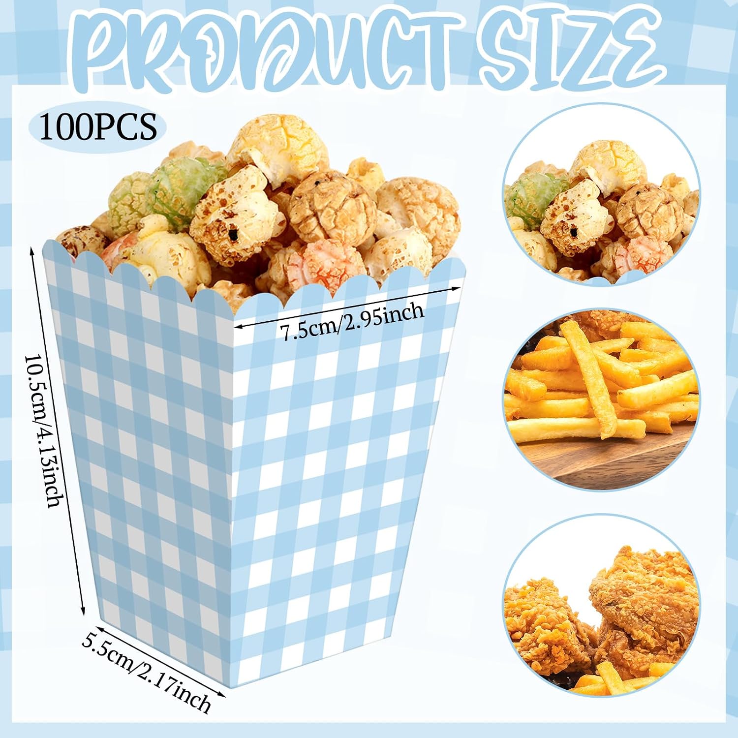 Gueevin 100 Pcs Blue Gingham Popcorn Boxes with Scalloped Mini Popcorn Boxes Small Gingham Blue Party Favor Bulk for Movie Night Decorations Bridal Baby Shower Party Supplies