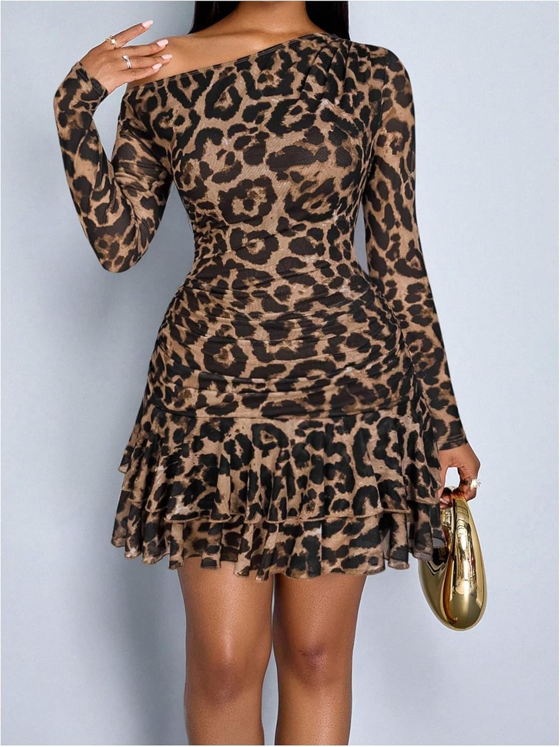SOLY HUX Women's Off The Shoulder Leopard Dress Long Sleeve Ruffle Party Bodycon Mini Dresses - Image 3