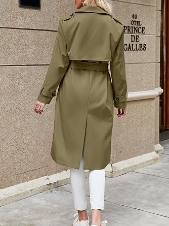 Fisoew Womens Double Breasted Trench Coats Long Lapel Overcoat With Belt