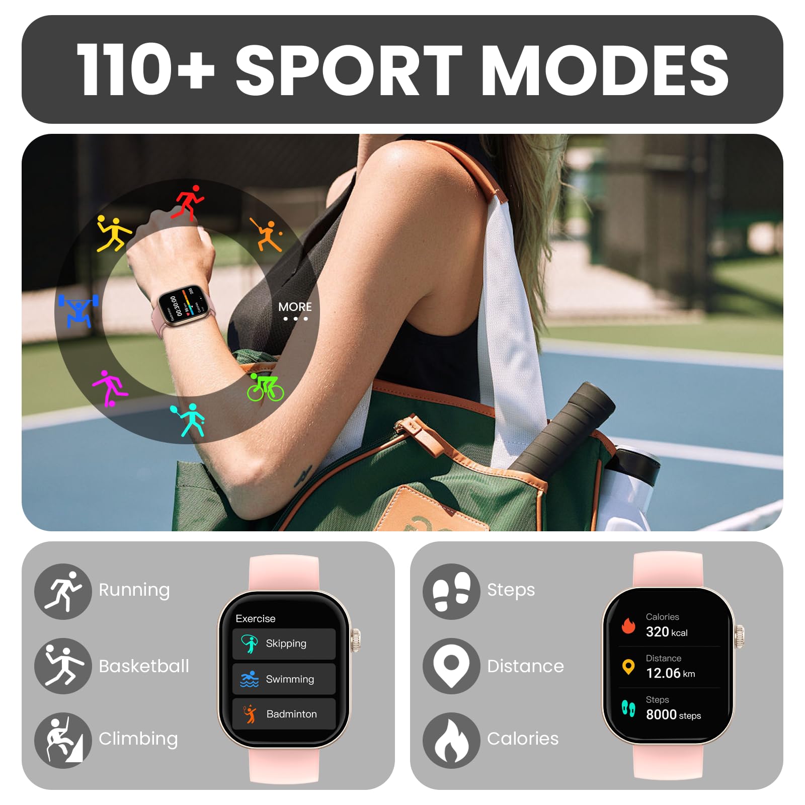 Smartwatch Uomo Donna, 2.01" Orologio Smartwatch con Chiamata Bluetooth e Risposta Vivavoce, Fitness Tracker con Contapassi/Sonno/Cardiofrequenzimetro, Impermeabile 5ATM, 100+ Sports Smart Watch Rosa