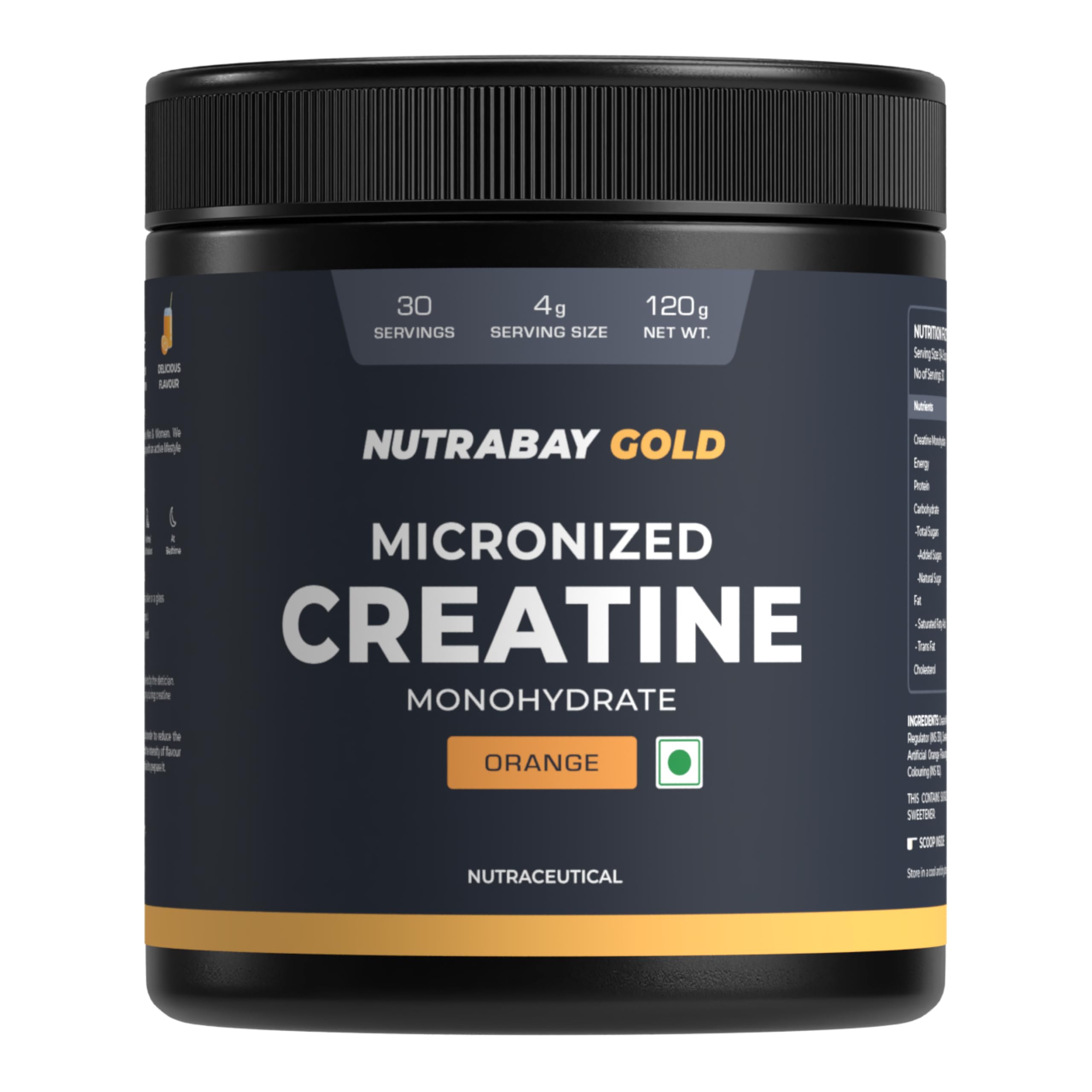 Nutrabay Gold Micronised Creatine Monohydrate Powder 3000 mg Creatine per Serving, NABL Lab Tested – Increases Muscle Mass, Strength & Power – Pre/Post Workout Supplement – 120g, Orange