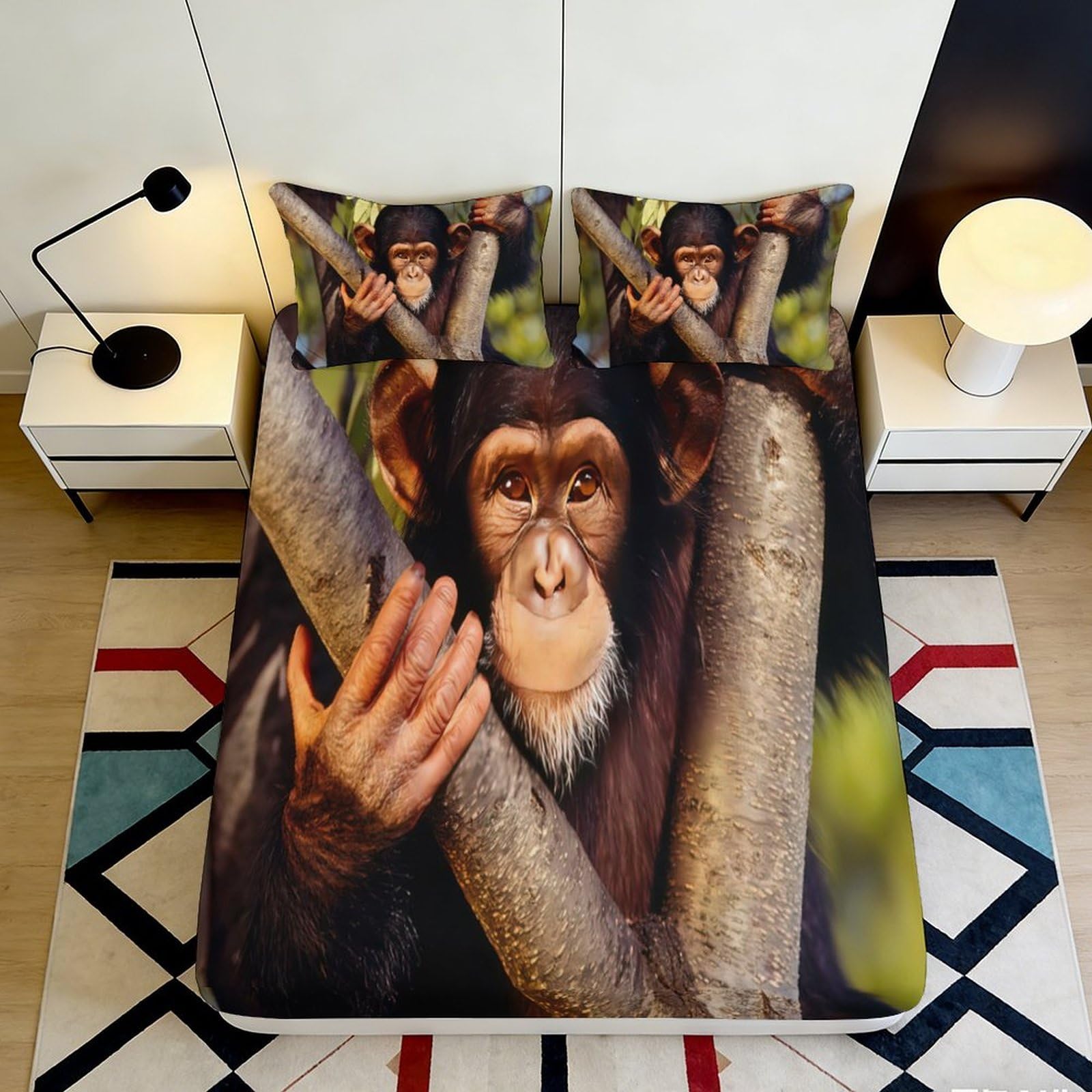 3D Printed Jungle Monkey Fitted Sheet Microfiber Deep Pocket Full Wrap Monkey Mattress Fitted Cover Washable Bedroom 200x200x25cm