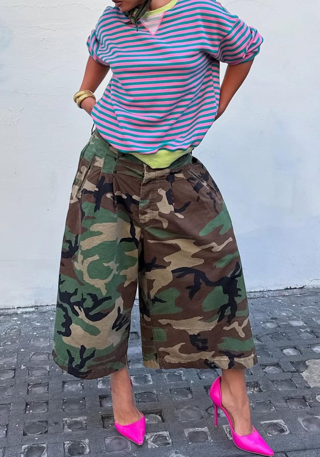 Women's Camo Cargo Jeans Baggy Camouflage Wide Leg High Waist Bermuda Trousers Capris Army Fatigue Pants - Image 6