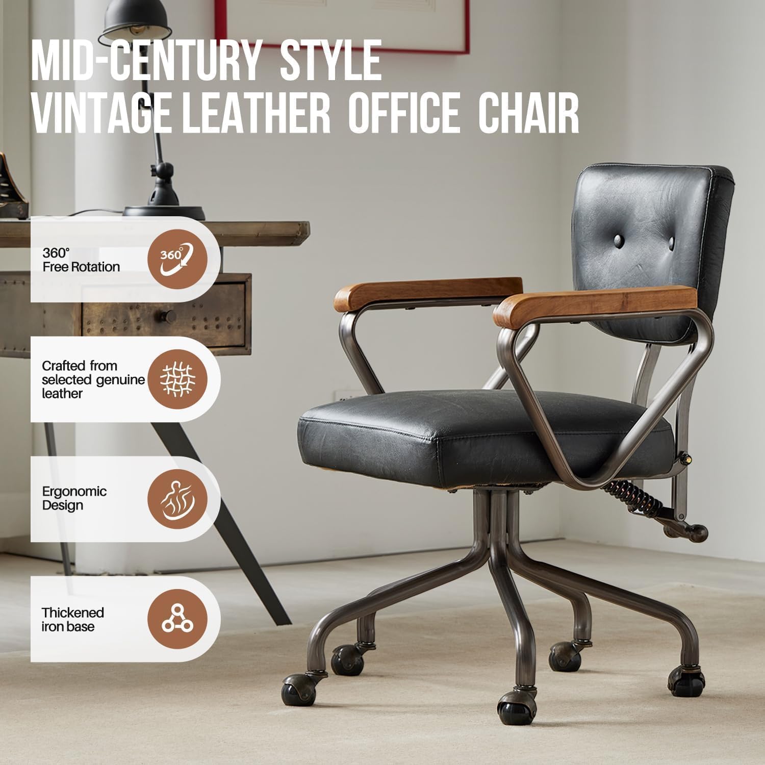 PELLEBAR Home Office Chair, Mid-Century Distressed Genuine Leather Office Chair, Swivel Chair with Reclining Back for Home Office - Image 7