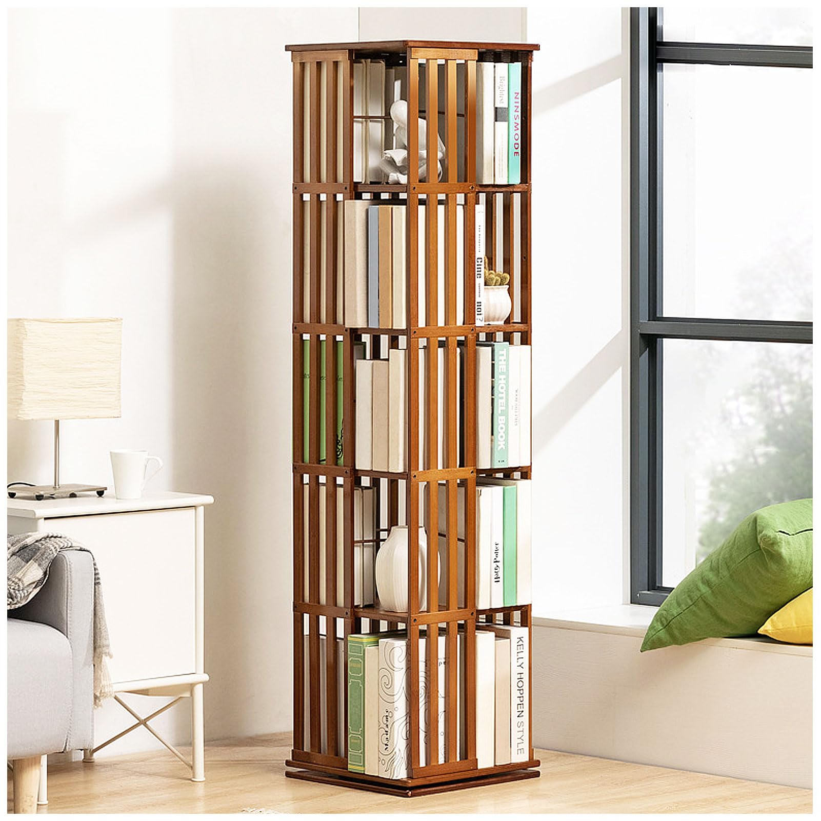 Lshtshf-Ou Light Walnut 360 Display Rotating Bookshelf Bamboo Organizer Wooden Bookcase Corner Tall Book Shelf Modern With Open Design Shelving Unit(,5Th Floor-Tier)