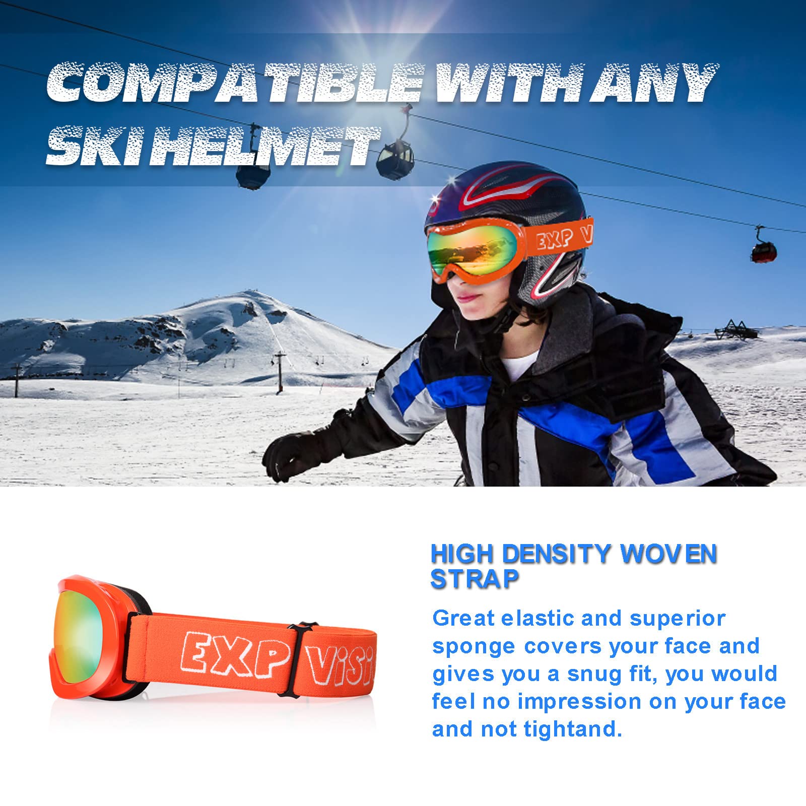 EXP VISION Masque de Ski pour Enfant 2 à 14 Ans Lunette Ski Masque Ski OTG de Garçon ou Fille Anti-UV Antibuée Compatible avec Casque Lunettes de Neige