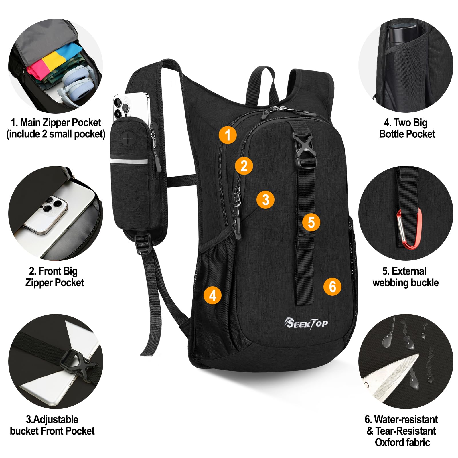 Mochila de senderismo pequeña de 15 litros para mujeres y hombres, mochila ligera para senderismo plegable con bolsillo para teléfono para viajes y campamento, Negro -, Senderismo, camping 2