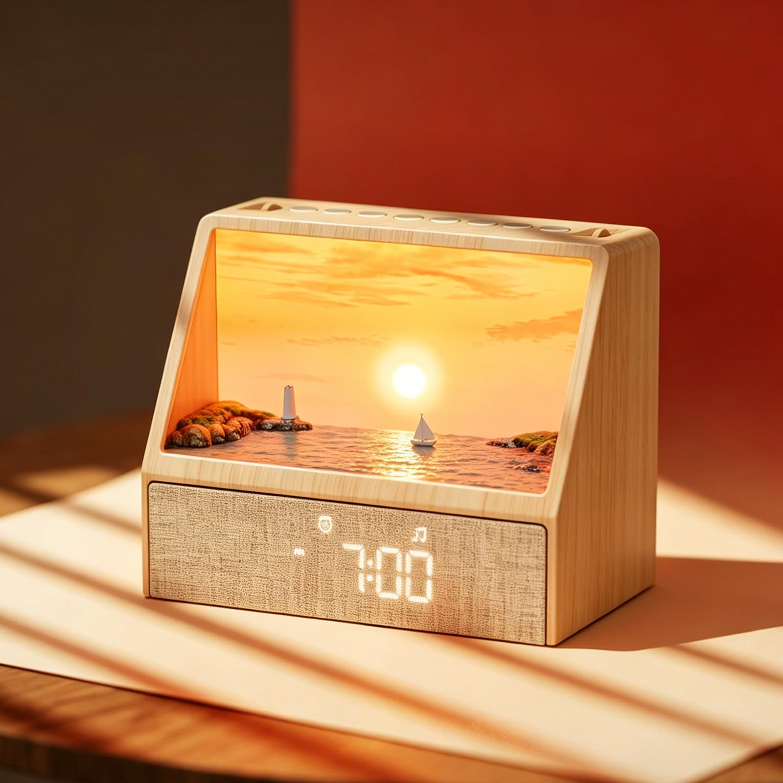 Reveil Simulateur D'aube avec Six Éclairages D'ambiance,Réveil Lumineux Comprend 12 Types De Bruit Blanc,Enceinte Bluetooth,Minuteur, Réveil Matin Veilleuse Pour Enfant/Ado/Adulte (Couleur bois)