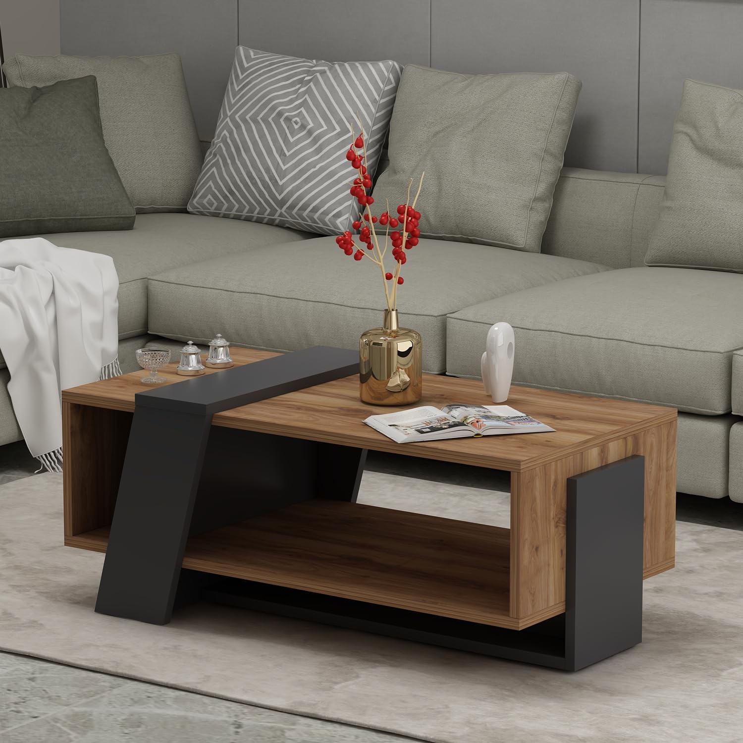 HOMIDEA MELISA Tavolino basso da salotto - Tavolino da divano - Tavolino da Caffè moderno in un design alla moda con mensola 91.8 x 48.8 x 35cm (Briarsmoke)