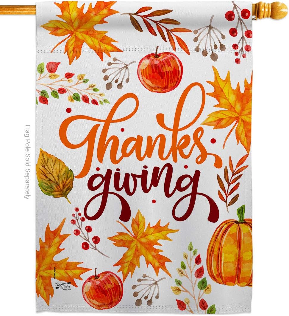Thanksgiving Leaves House Flag Falltime Turkey Give Thanks Gobble Pumpkin Season Autumntime Cornucopia Small Decorative Gift Yard Banner Made In USA 28 X 40
