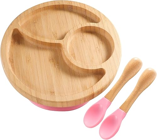 Miniatura 1 de Plato de bambú para bebés con succión de silicona + 2 cucharas de punta suave para bebés (rosa)