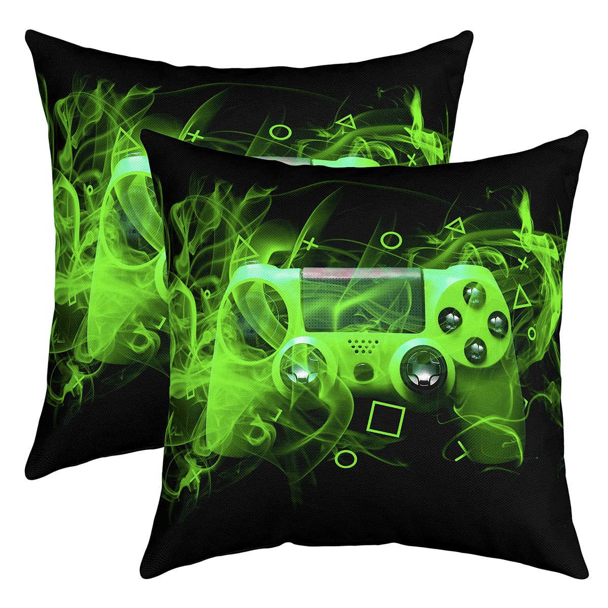 Jugend Gaming 2er Set Kissenbezüge Spieler Kissenhülle 40x40cm für Couch Sofa Bett Game Controller Kissenhülle Moderne Spielekonsole Aktionstasten Geometrie Sofakissen Couchkissen Grün Raumdekor
