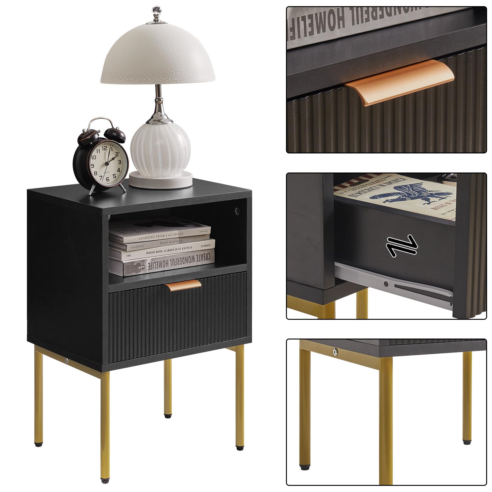 Comodino Moderno Mid-Century Nero Con Cassetto - Cornice Dorata, Per Camera Da Letto E Soggiorno - Foto 6