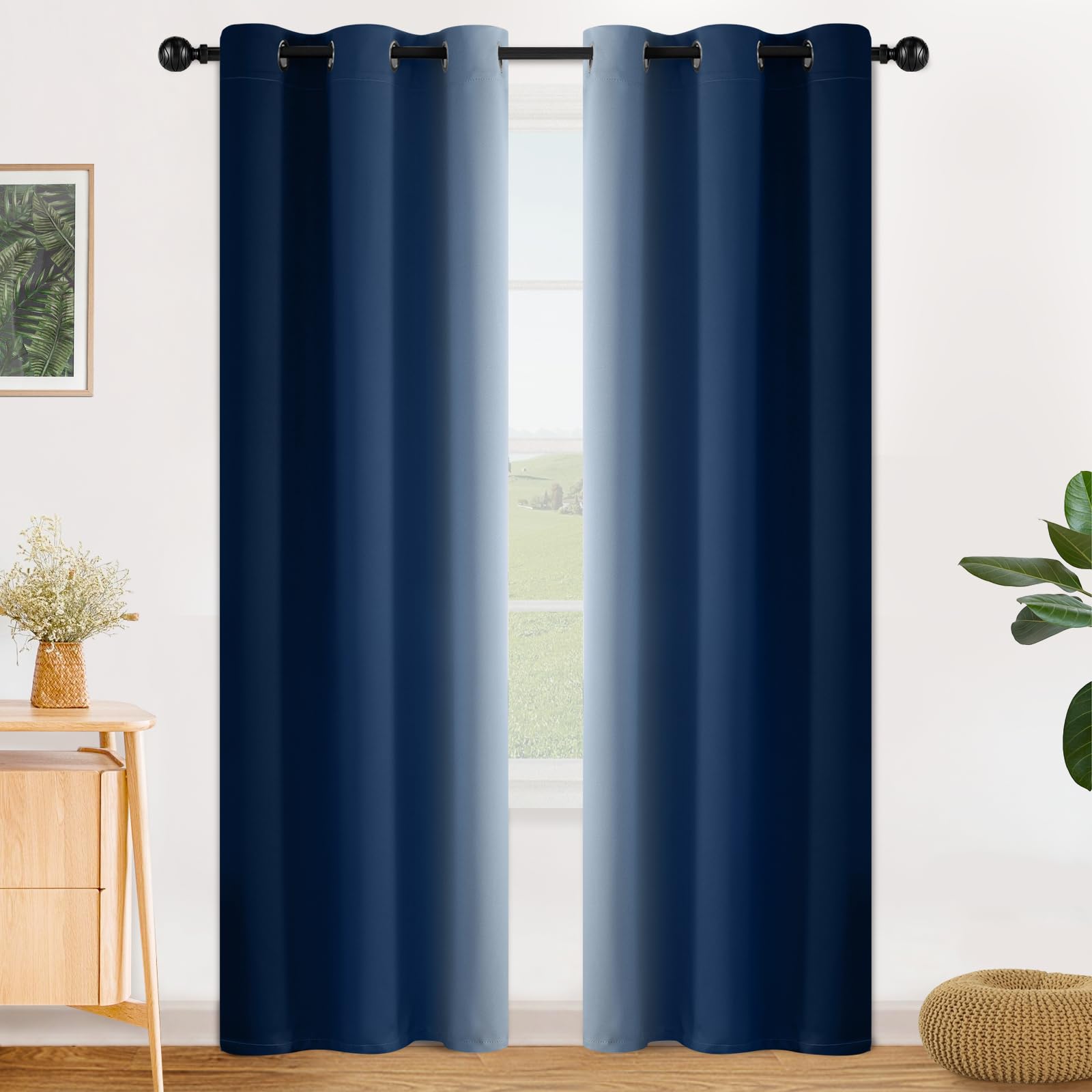SimpleHome Ombre Room Darkening Curtains for Bedroom, Gradient Blue to Grey White Light Blocking Thermal Insulated Grommet Window Curtain/Drapes for