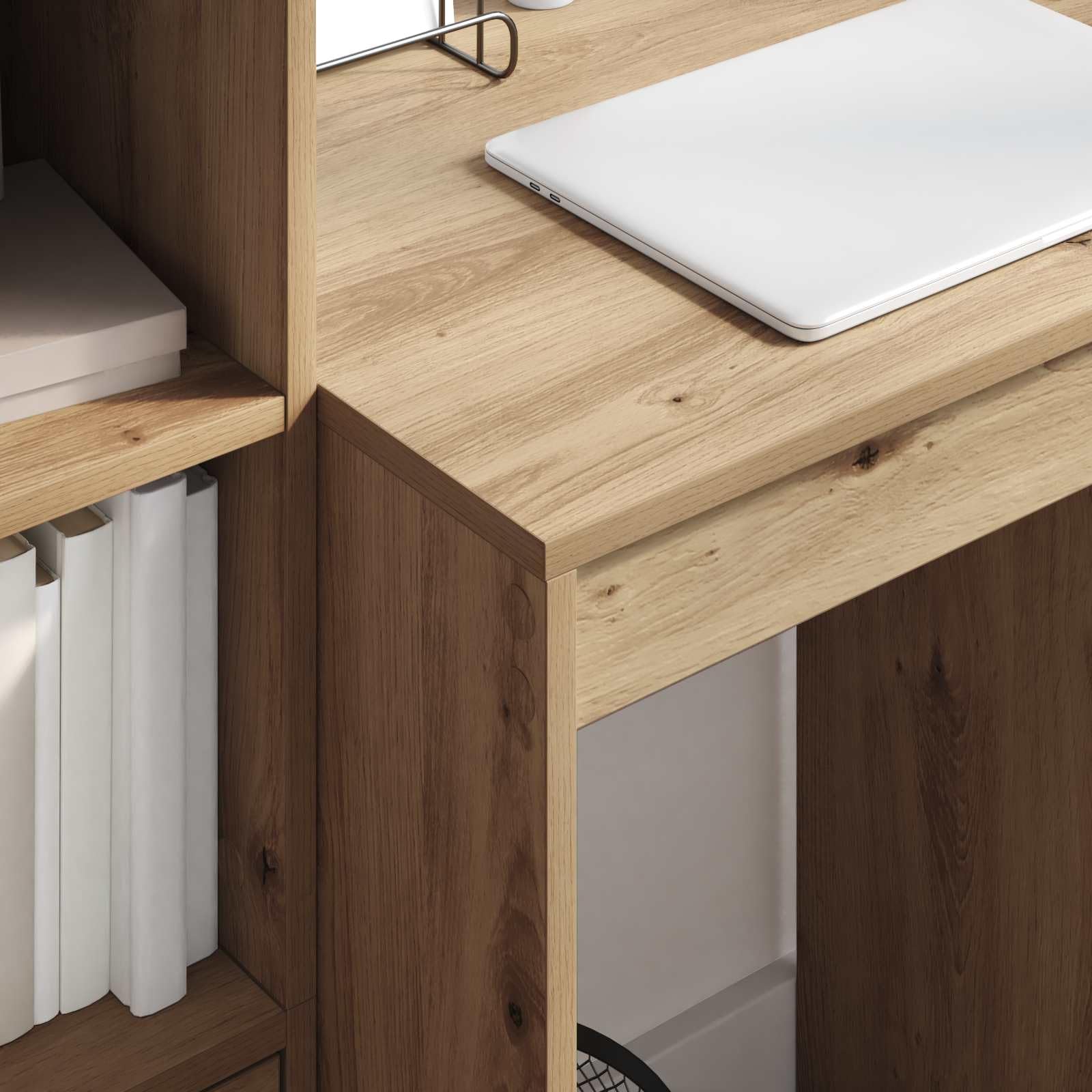 Générique Scrivania in legno di ingegneria marrone con ripiani integrati, superficie spaziosa per computer e documenti, stile moderno per ufficio a casa