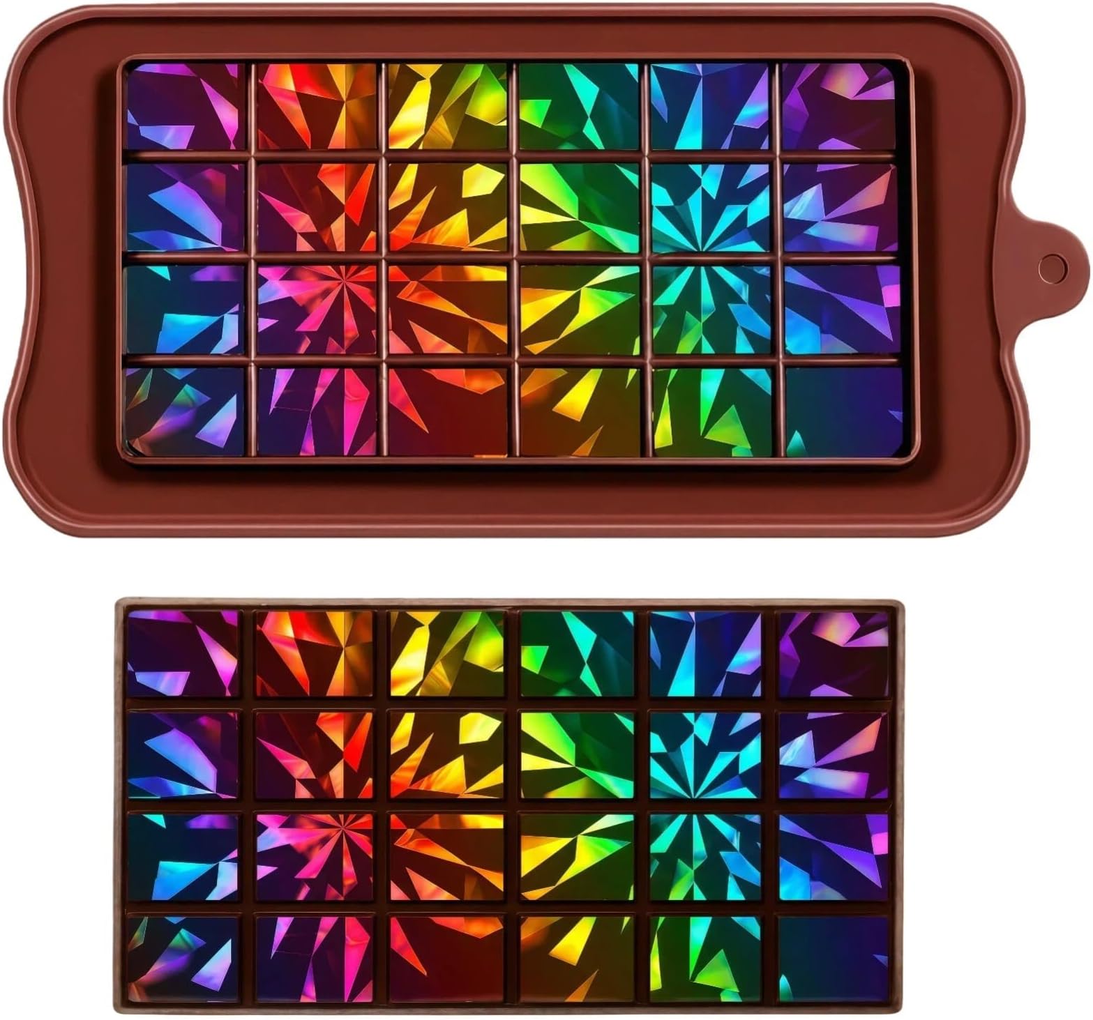 Ziliny Geometry Holographic Chocolate Molds Silicone - 7 Unique Designs, Chocolate Bar Mold for DIY Candy Wax Melts Resin, Rainbow Shimmer Effect, Easy Release
