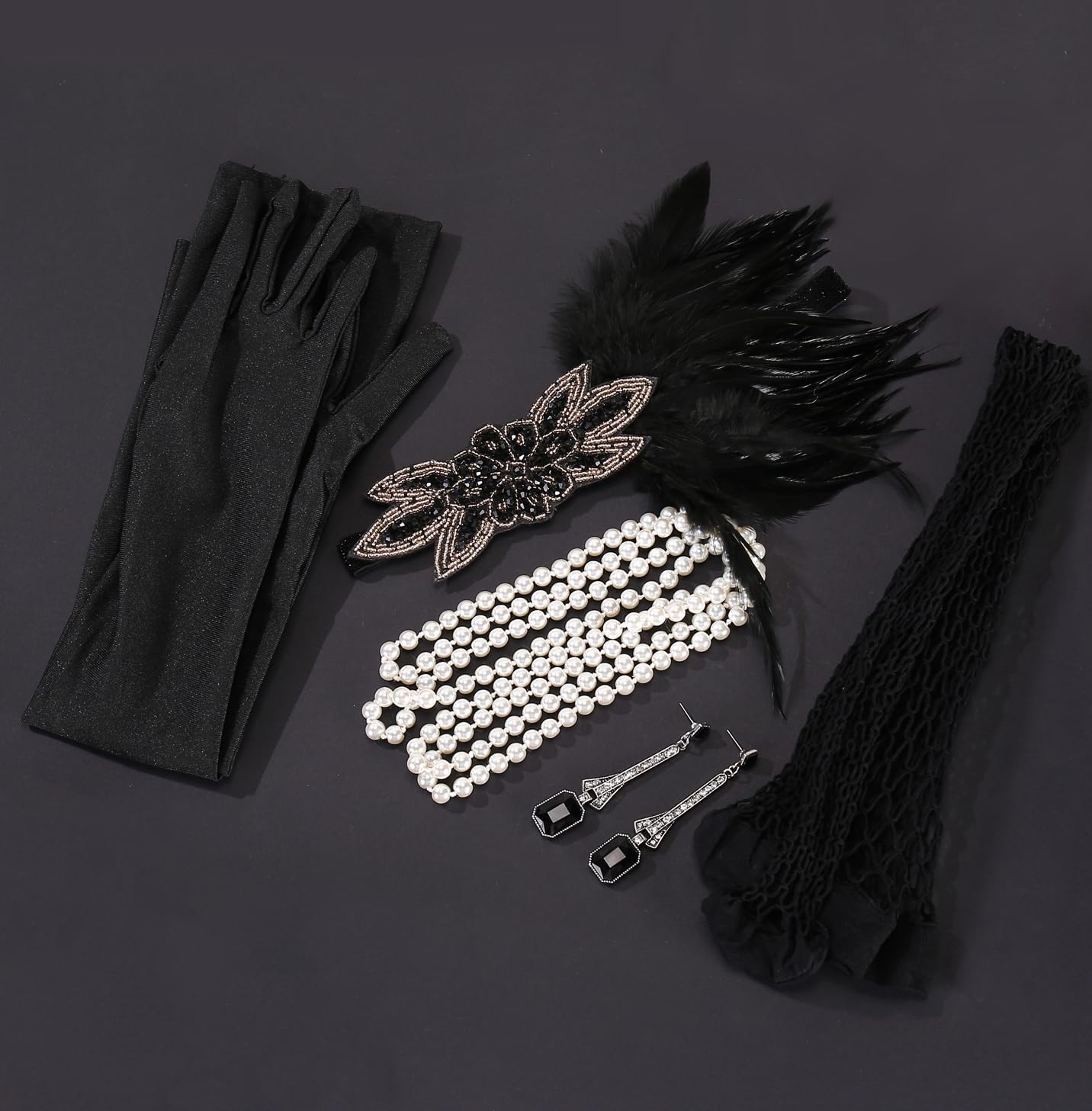 1920s Gatsby Jewelry Set - Flapper Headband, Pearl Necklace & Bracelet Ring Combo For Roaring 20s Parties