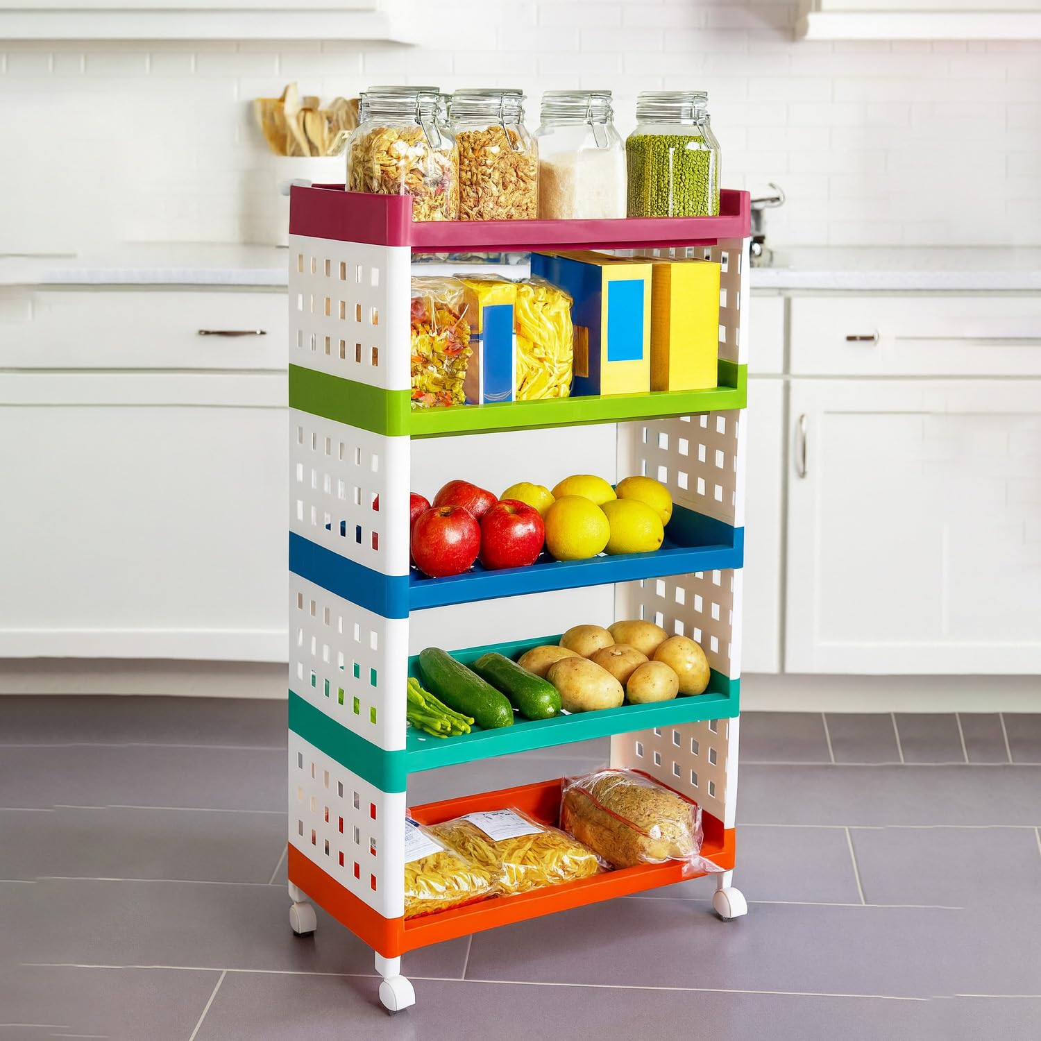 Go Hooked Kitchen Rack Colorful | Convenient 5-Tier Multipurpose Storage Rack | Storage Organizer with Wheels | Fruits & Vegetable Stand/Basket for Kitchen (Multi)-picture-23