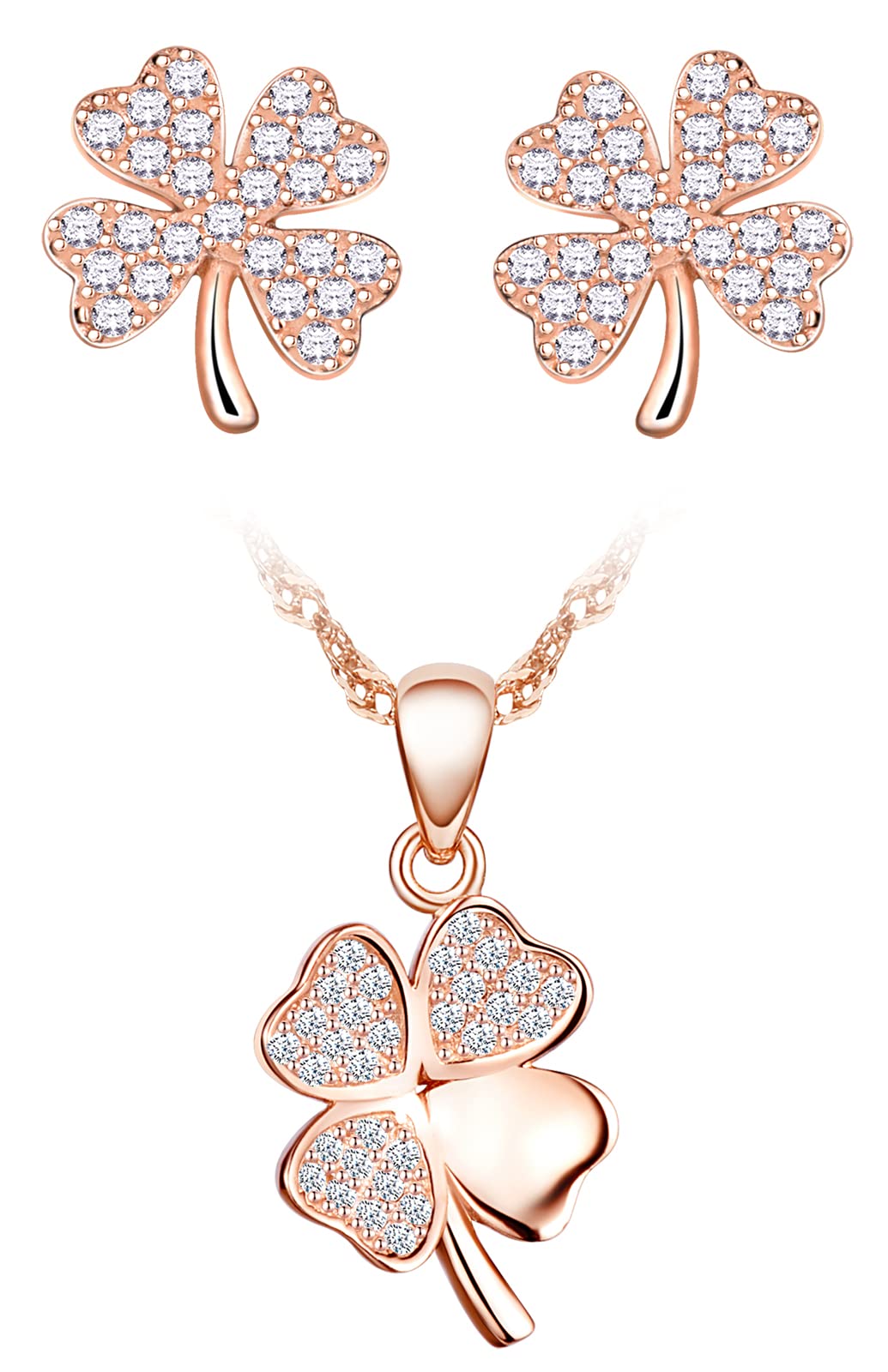 CPSLOVE Collares Pendientes y Pulsera para mujer y niña, Juegos de joyas de plata 925, Colgante de trébol, con cadena de 45cm, Pulsera de trébol, Pendientes de trébol, Circón, Oro rosa