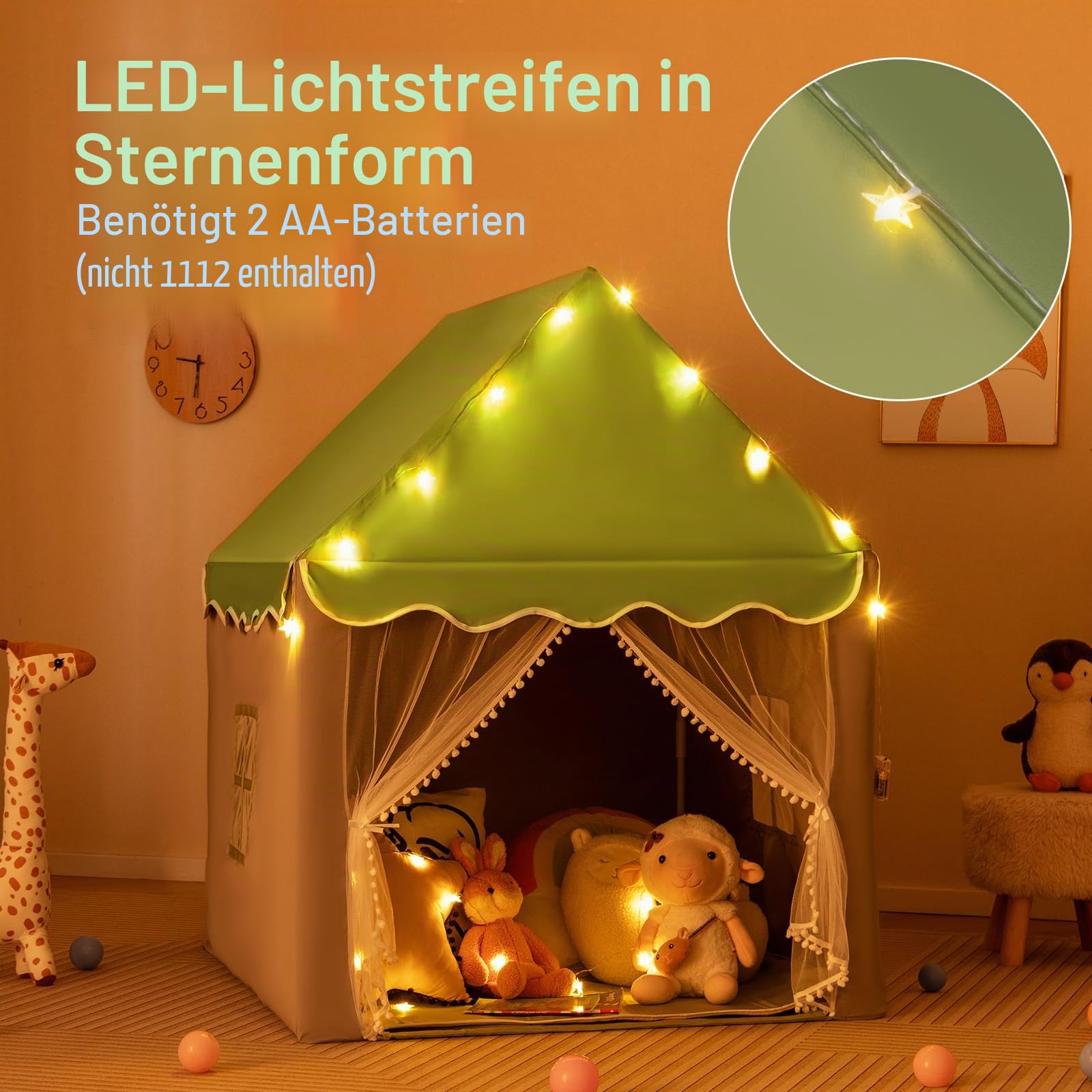 HOMASIS Kinderzelt für Indoor, Spielhaus mit Matte & Sternlichtern & Fenstern & doppeltem Vorhang, Kinder Spielzelt Prinzessin Kinderspielzelt Bettzelt für Mädchen & Jungen (Grün, Warmes Licht)