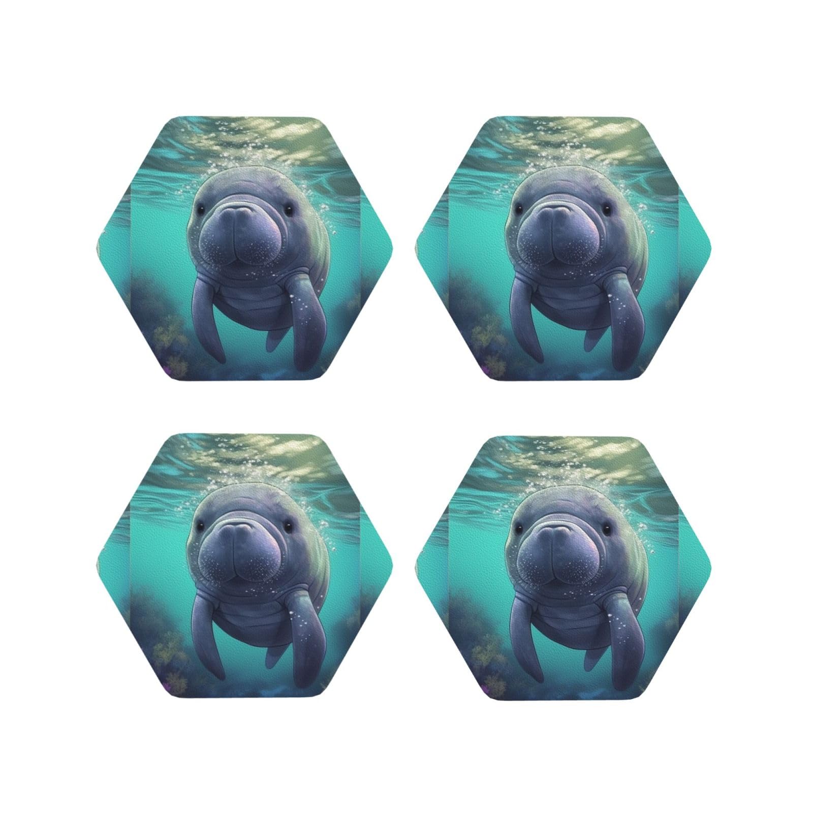 4Pcs PU Leather Coaster for Drinks, Cute Sea Animal Manatee Cup Coastersr 4" Cup Mat Pad, Aesthetic Drink Coasters for Coffee Table, Hexagon Coaster for Tabletop Protection