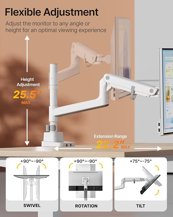 monTEK Heavy-Duty Single Monitor Arm for 17-57 inch, up to 59.4lbs Ultrawide Screens,Gas Spring Dual Curved Adjustable Monitor Stand for Desk,75/100mm VESA Mount with USB,White