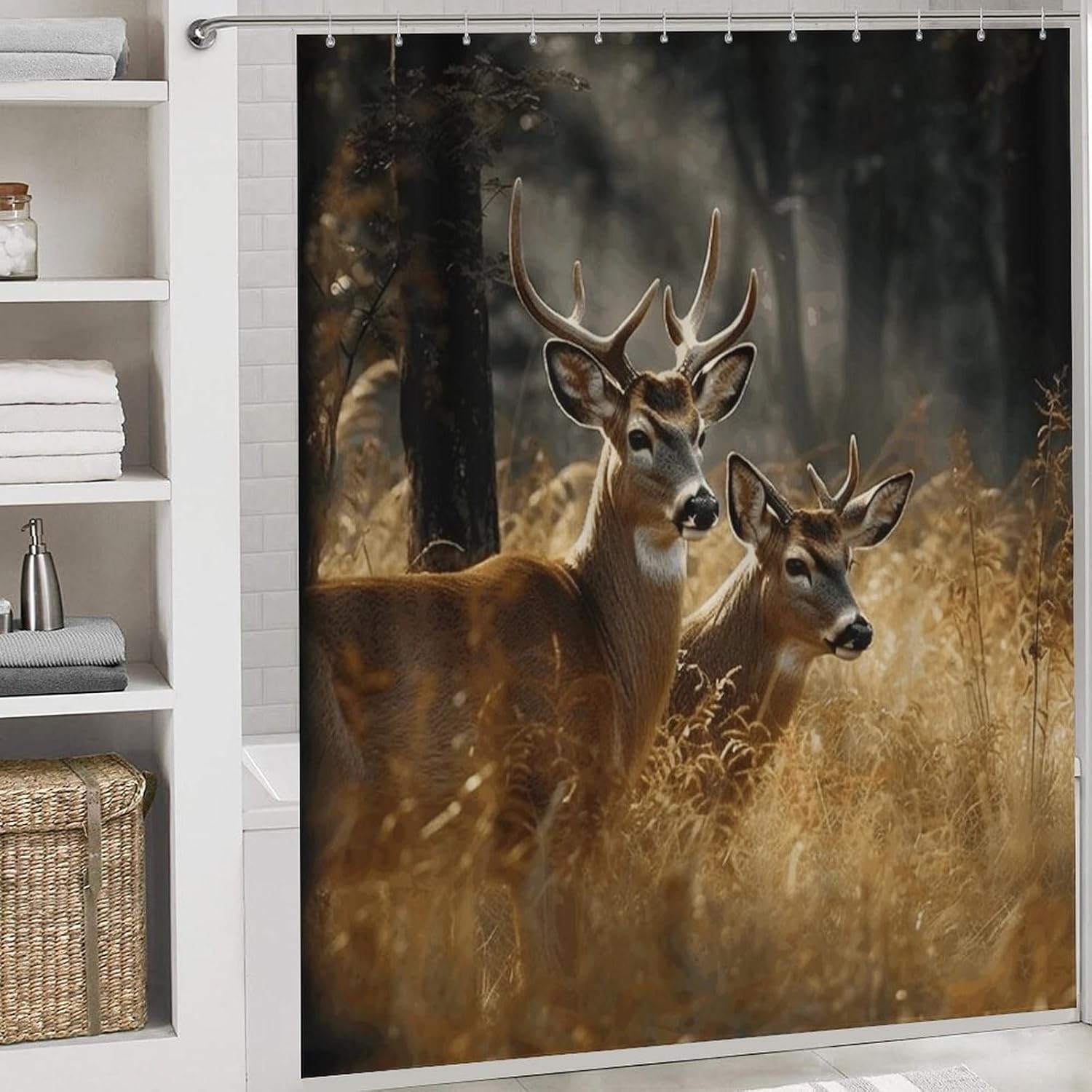 Nature Wild Animal Deers Shower Curtain Set 4 Piece, Non-Slip Bath Mat with Toilet Lid Cover and Waterproof Shower Curtain with 12 Hooks, Complete Bathroom Set for Home Decor