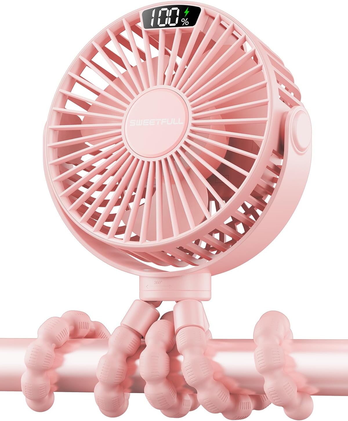 SWEETFULL Stroller Fan 6000mAh Battery Operated Fan with LED Display Detachable Cover & Tripod, 4 Speeds Rechargable Fan for Baby Stroller Car Seat (Pink)