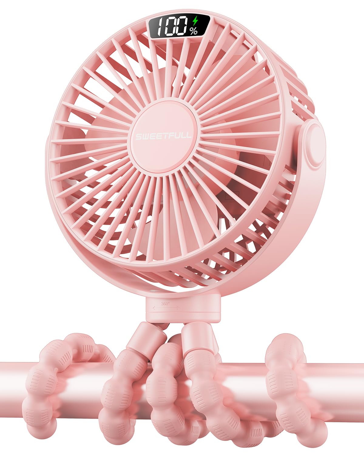 SWEETFULL Portable Stroller Fan, with Display 4000mAh Battery Powered Mini Clip On Fan, 4-Speed Rechargeable Small Personal Fan Handheld Desk Cooling Fan for Baby Car Seat Crib Travel Pink