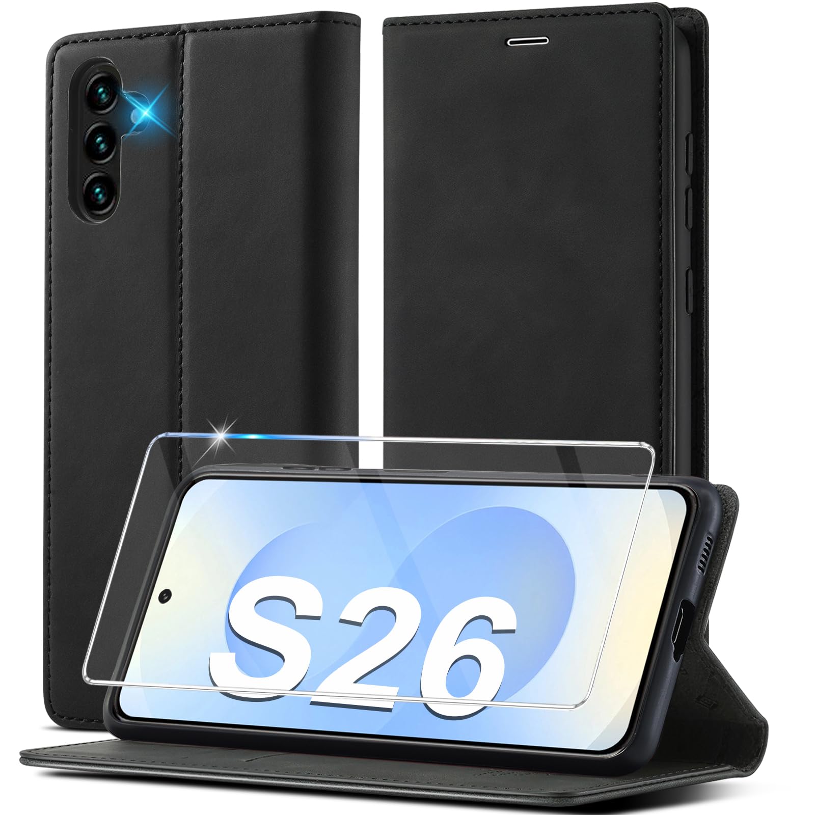 Ailicici Leder für Samsung S25-Serie [Mit Schutzfolie] Wallet RFID Blocker Handyhülle, Ledermaterial Kartenfach Klapphülle