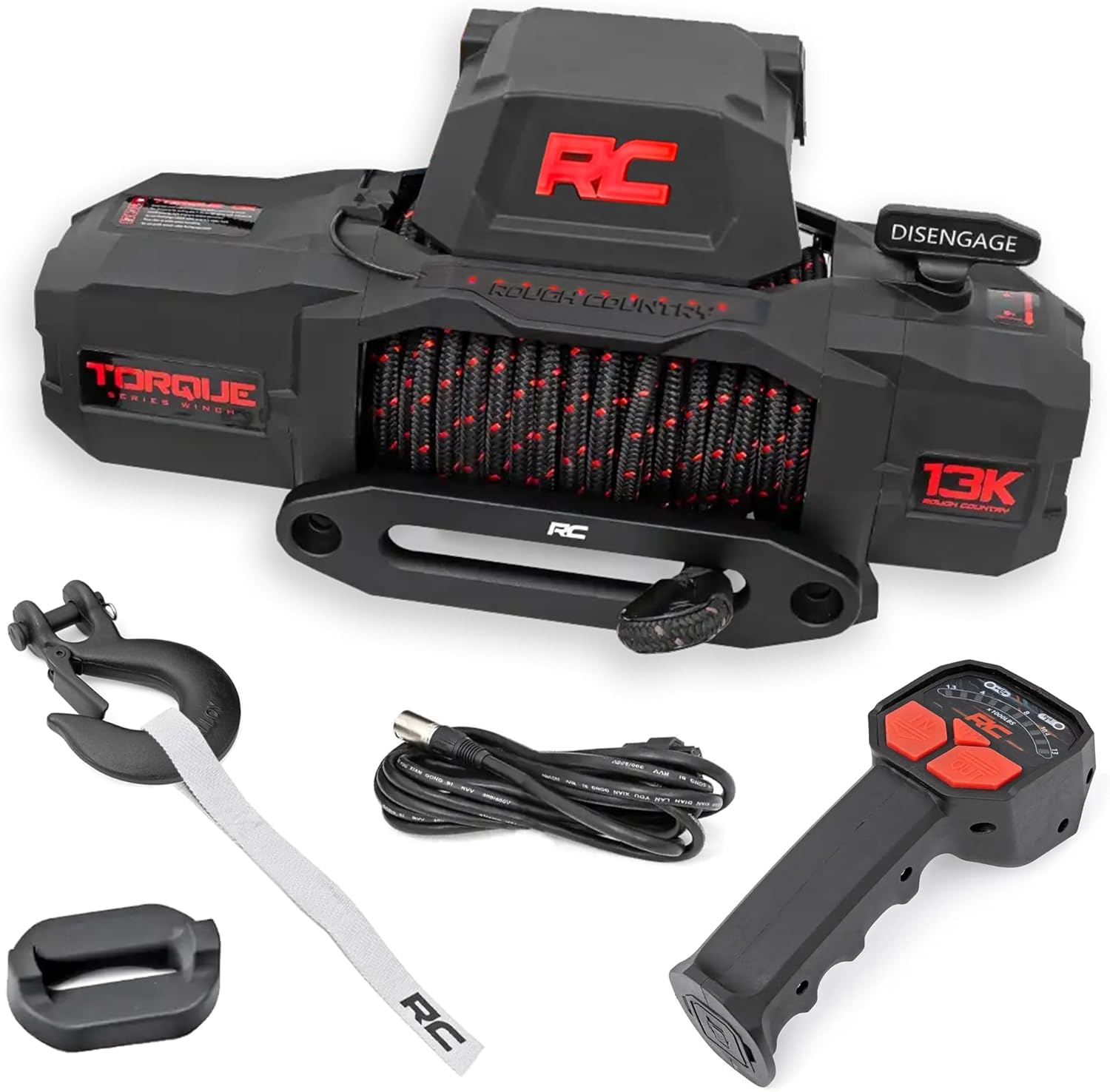 Rough Country 13,000 lb Winch with Synthetic Rope - 12V Waterproof Electric Torque Truck Winch for Jeep Wrangler, Off Road Recovery Winch for Truck with Wireless Handheld Remote and Corded Control