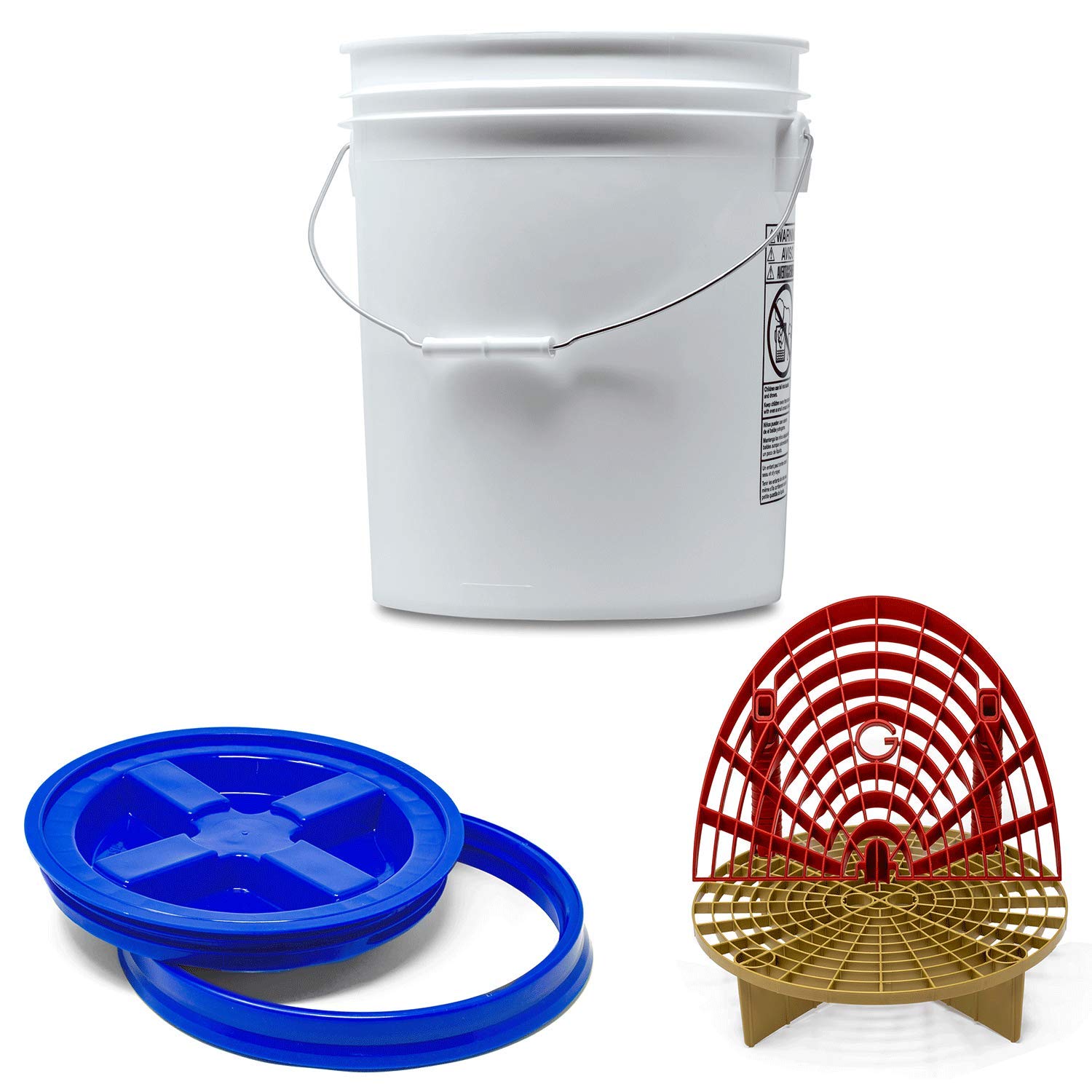 Detailmate professionelles Wasch Eimer Set: Magic Bucket Wascheimer 5 GAL (ca. 20 Liter), Gamma Seal Eimerdeckel blau, GritGuard Schmutz Einsatz Gold, GritGuard Washboard rot