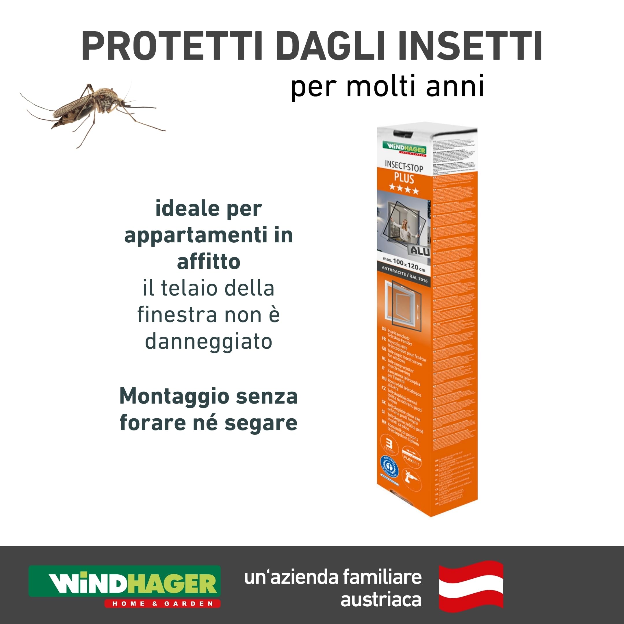 Windhager Zanzariera telescopica per protezione dagli insetti Flexi Fit, finestra con telaio elasticizzato, finestra telescopica senza seghe, kit fai da te 130 x 150 cm, antracite, 04306