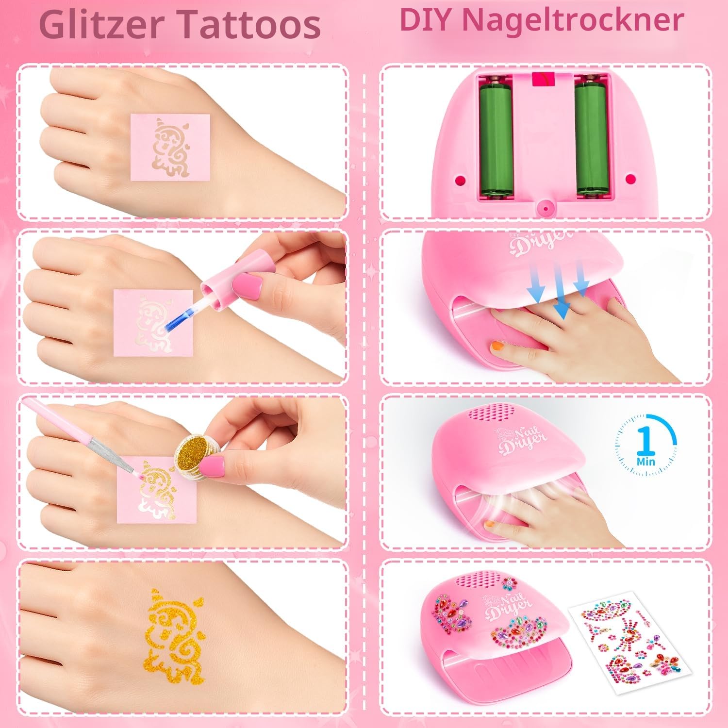 Kinderschminke Schminkkoffer Mädchen, Waschbar Schminke Spielzeug & Nagelstudio - Nageltrockner Nagelsticker Nagellacke, Maniküre Set Geburtstage Weihnachten Geschenke für Kinder 3-12 Jahre