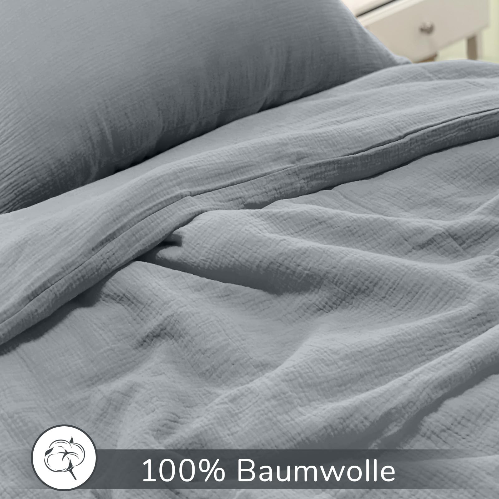 DerF HOME Musselin Bettwäsche 155x200 cm mit Kissenbezug 80x80 Rauchgrau | 100% Baumwolle, doppellagige Musselin Qualität, weich, atmungsaktiv, hautfreundlich, pflegeleicht, OEKO-TEX Standard 100