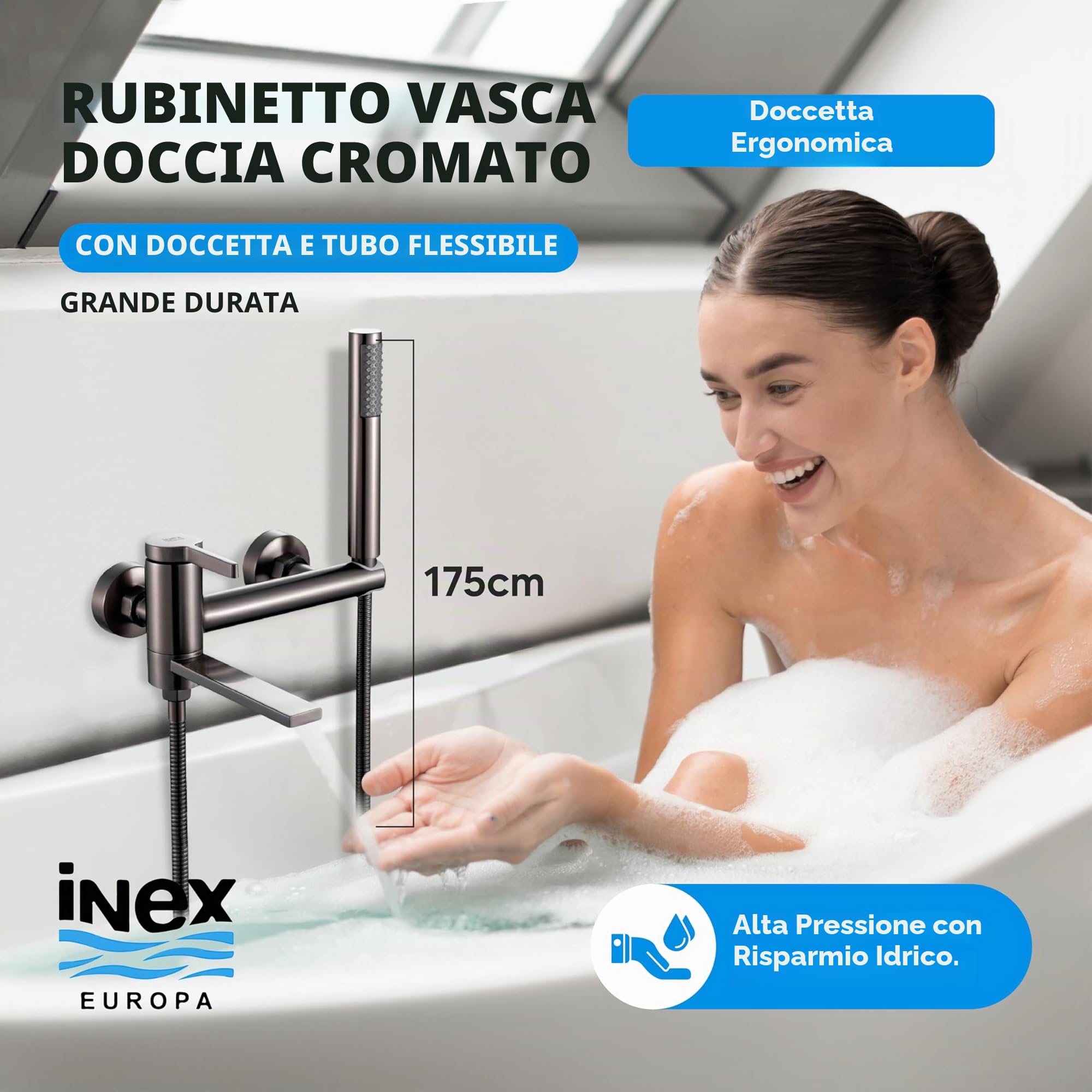 INEX Europa Rubinetto per vasca e doccia a leva singola, modello ED 5555 BS Gry. Include soffione doccia portatile cilindrico, tubo flessibile da 175 cm e supporto rotante integrato.