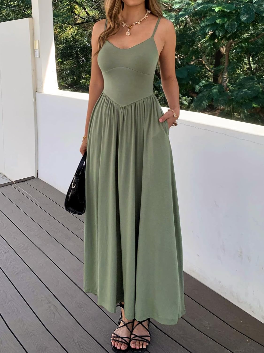 Womens Spaghetti Strap Maxi Dresses Summer Casual Sleeveless A Line Long Flowy Dress with Pockets Beach Sundresses - Image 3
